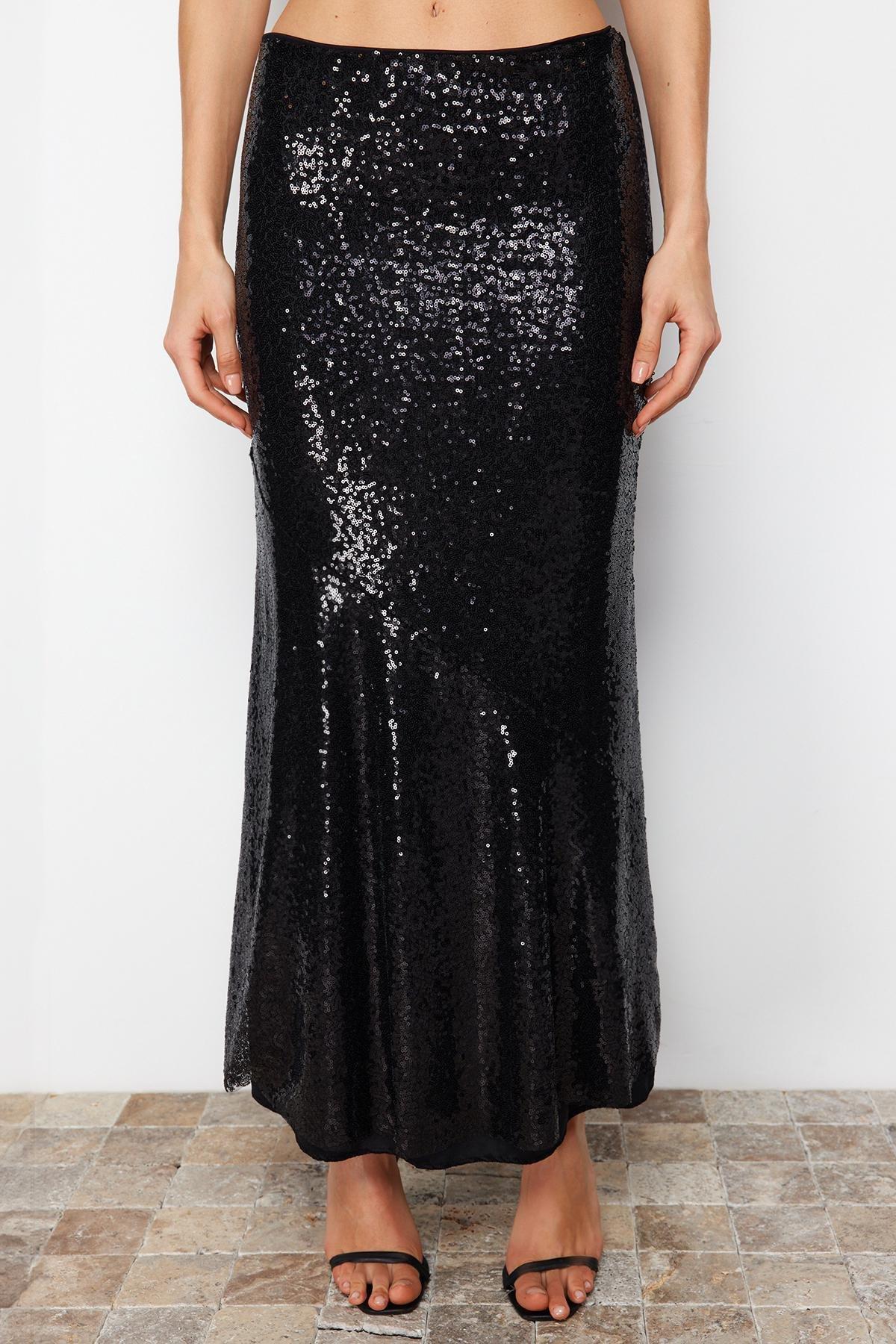Black Sequined Long Woven Skirt, C101_5720, large image number 3