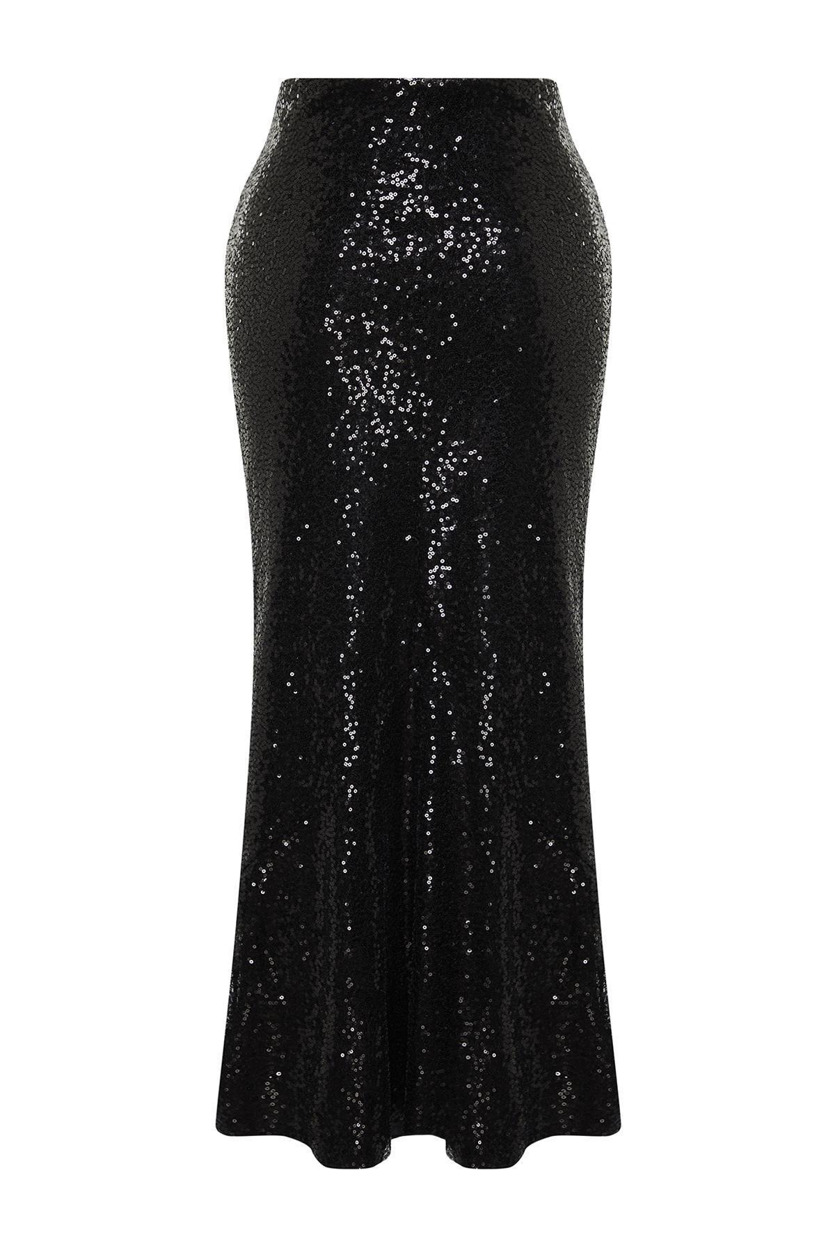 Black Sequined Long Woven Skirt, C101_5720, large image number 6