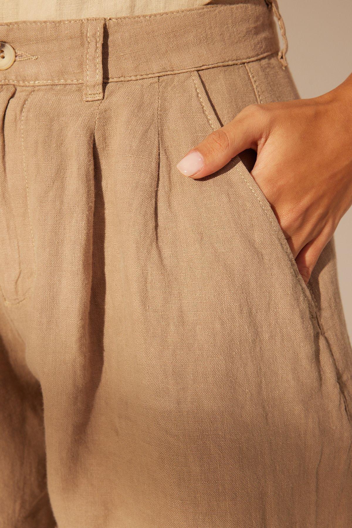 شورت 100% كتان بكسرات وبخصر مرتفع، بيج, , large image number 0