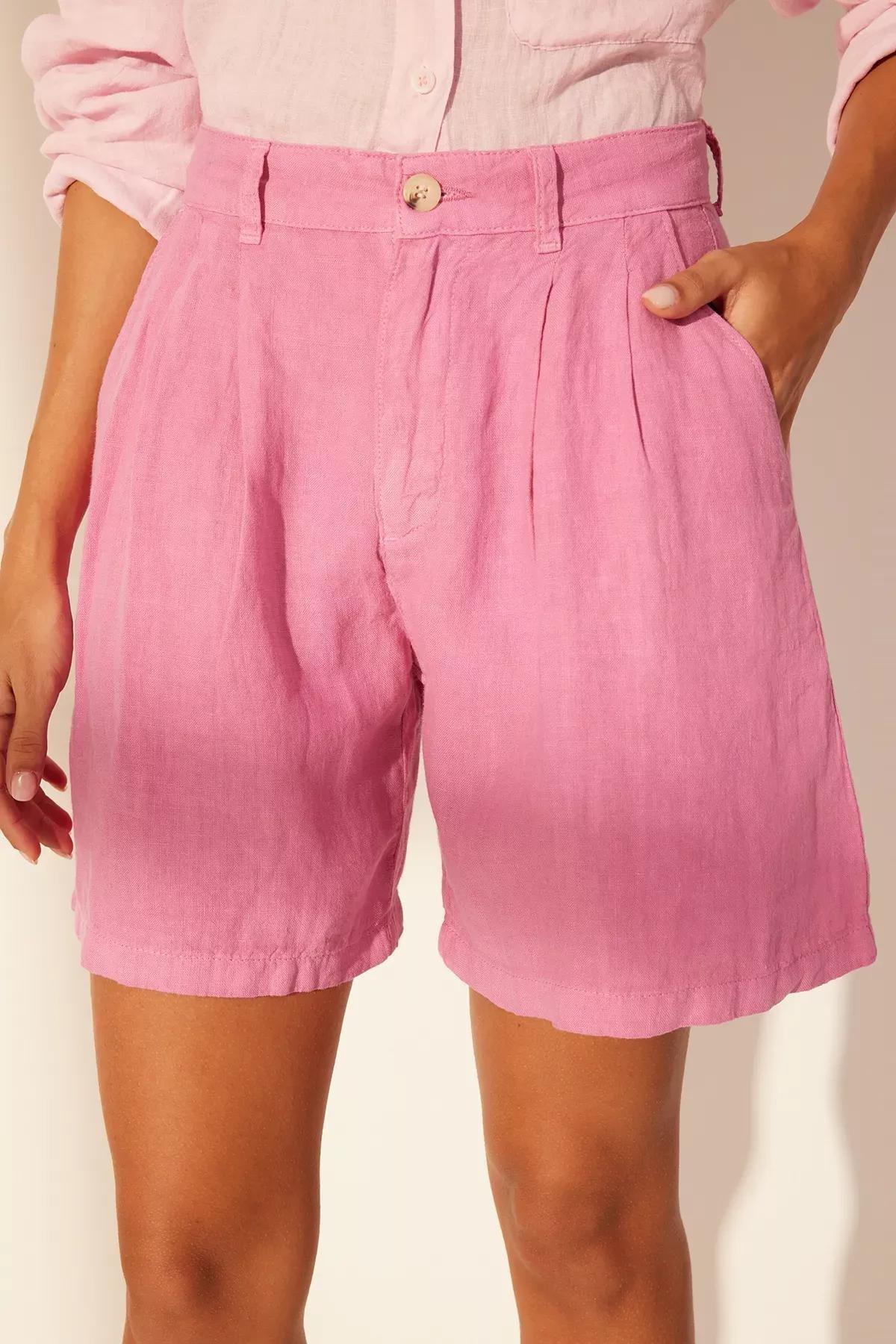 Pink Linen High-Waist Shorts, Pink, large image number 3