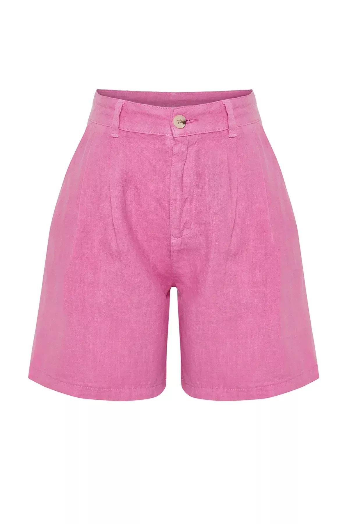 Pink Linen High-Waist Shorts, Pink, large image number 5