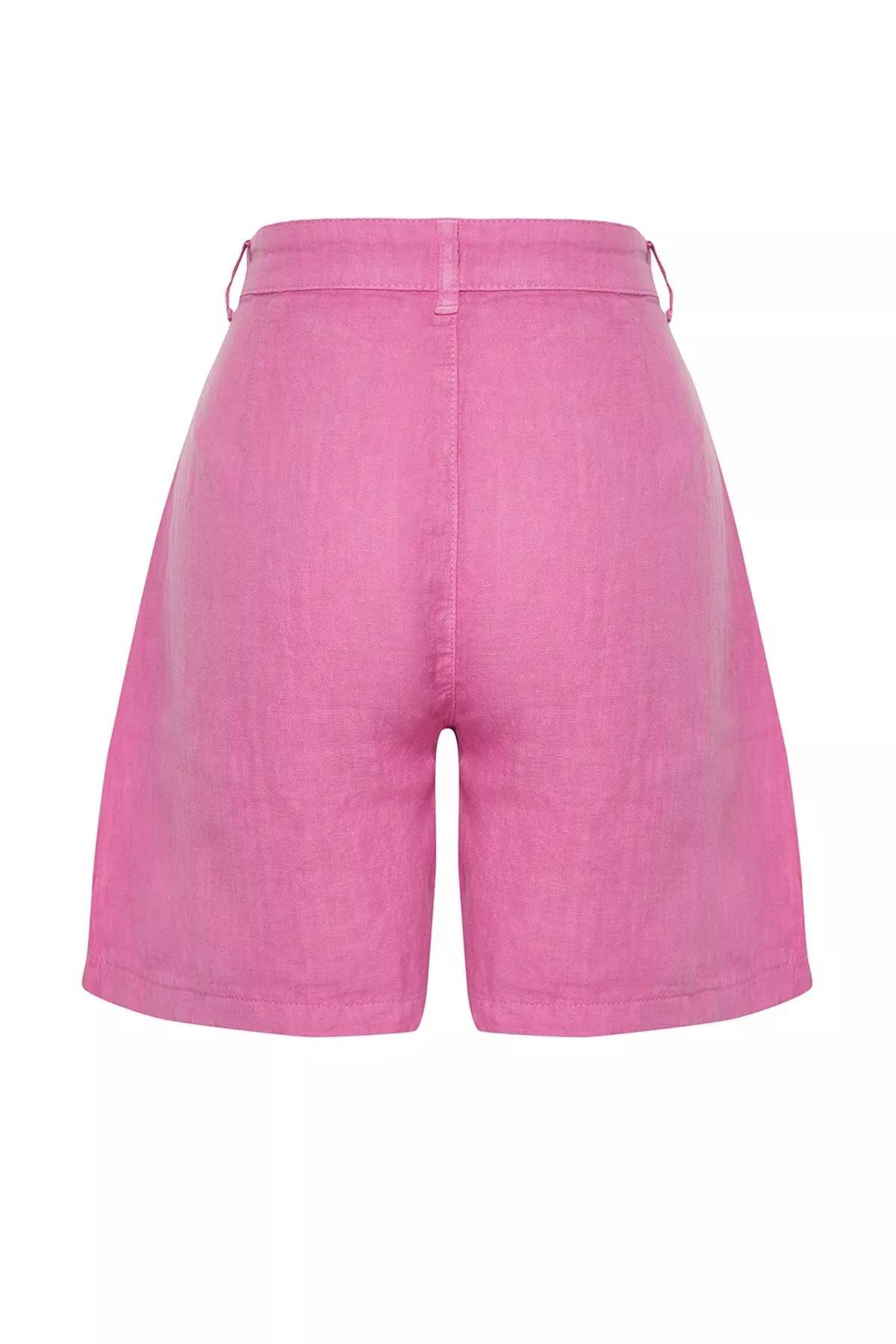 Pink Linen High-Waist Shorts, Pink, large image number 6