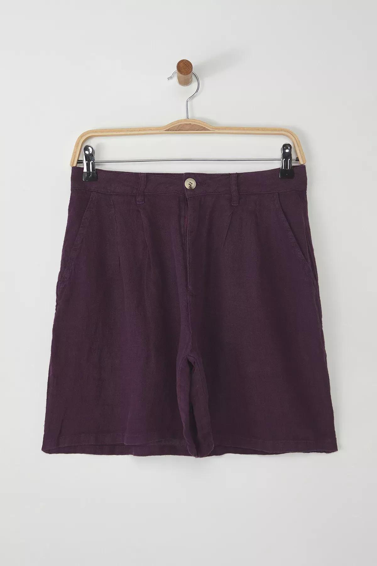 Purple Linen Pleated High-Waist Shorts, , large image number 0