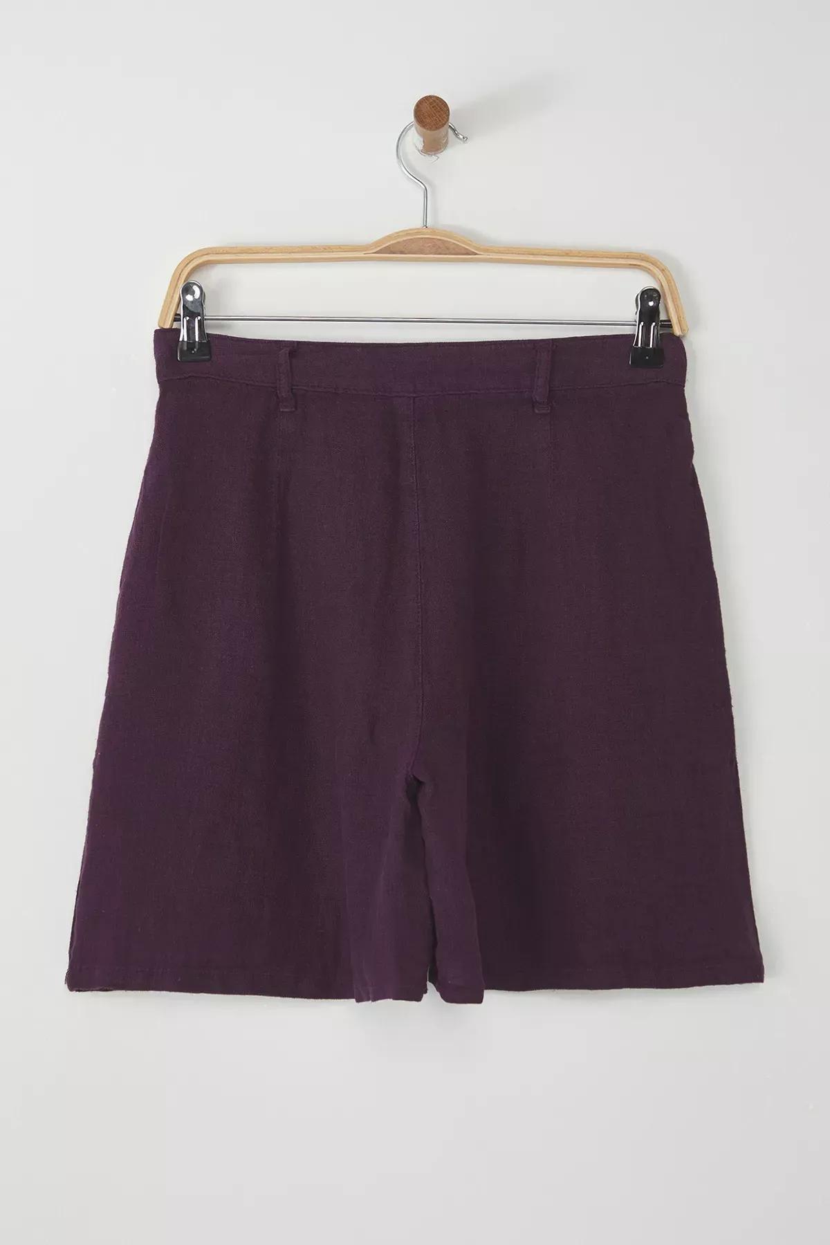 Purple Linen Pleated High-Waist Shorts, , large image number 1