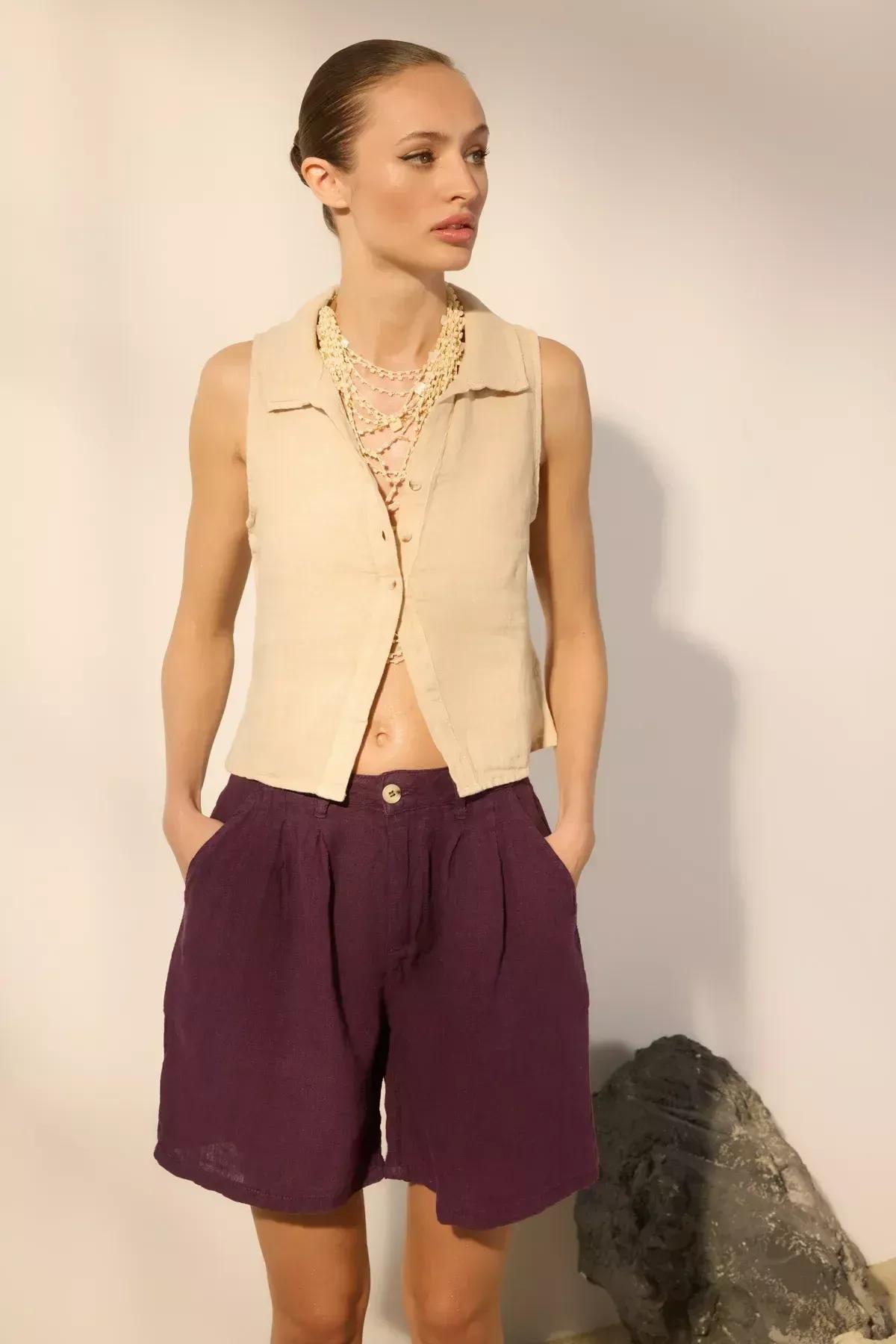 Purple Linen Pleated High-Waist Shorts, Purple, large image number 2