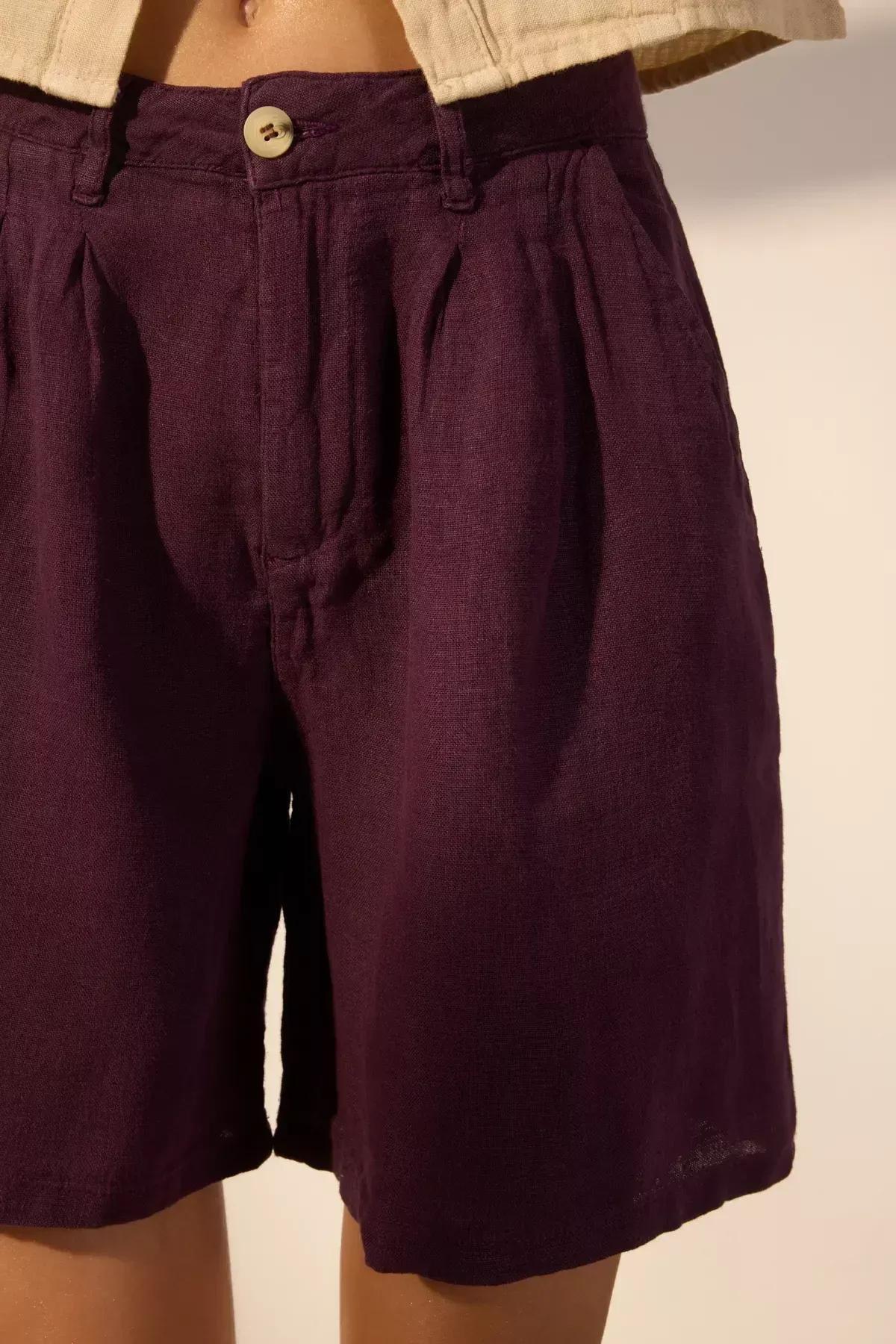 Purple Linen Pleated High-Waist Shorts, Purple, large image number 3