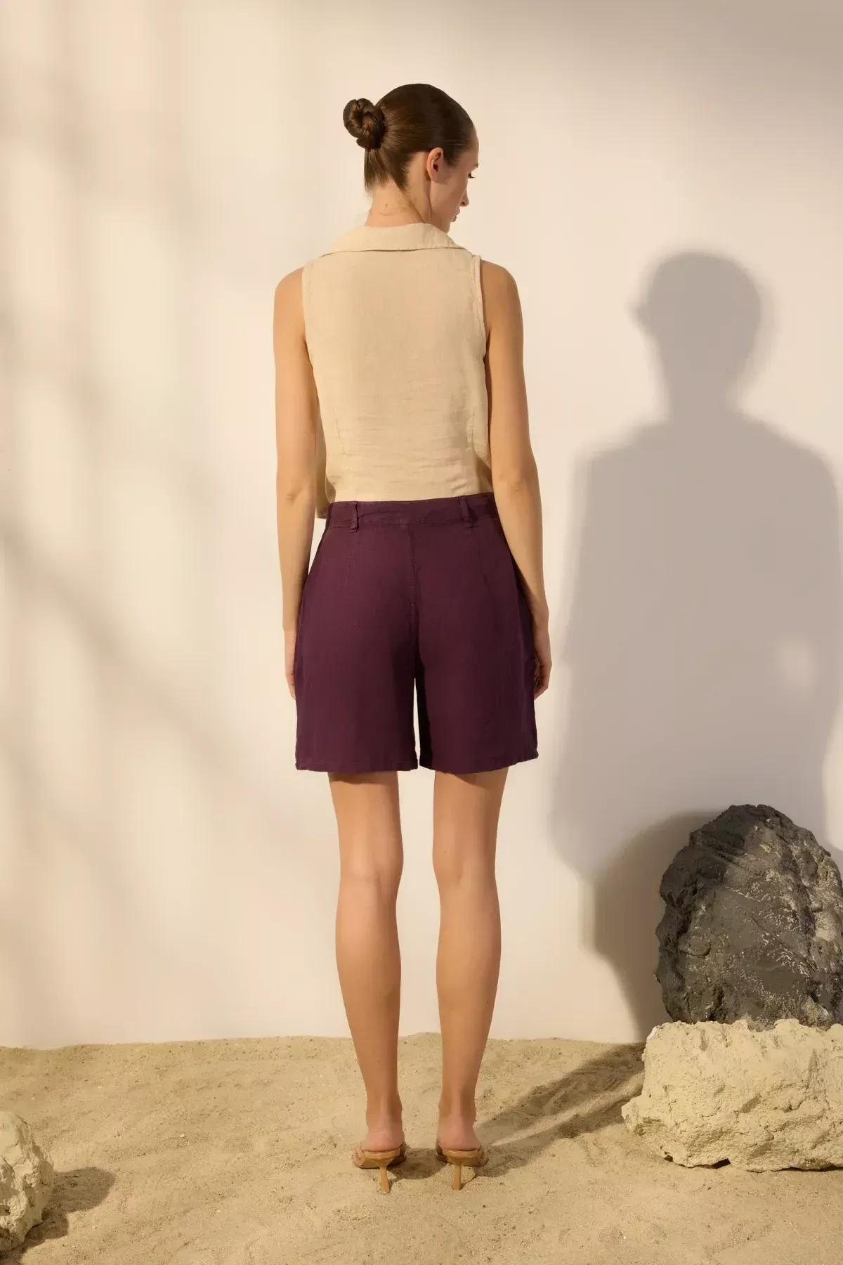 Purple Linen Pleated High-Waist Shorts, Purple, large image number 4