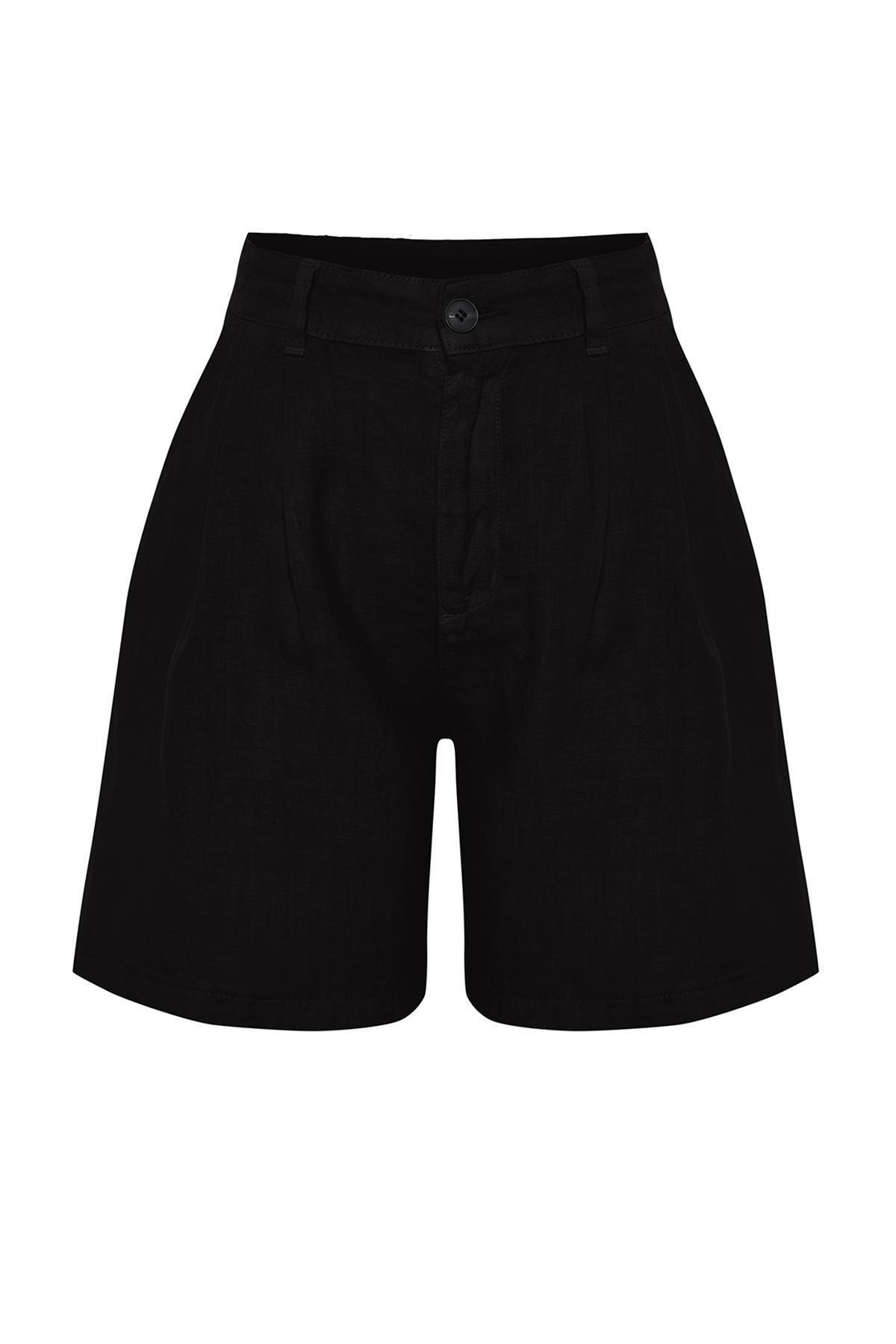 Black Linen Pleated High Waist Shorts, , large image number 5