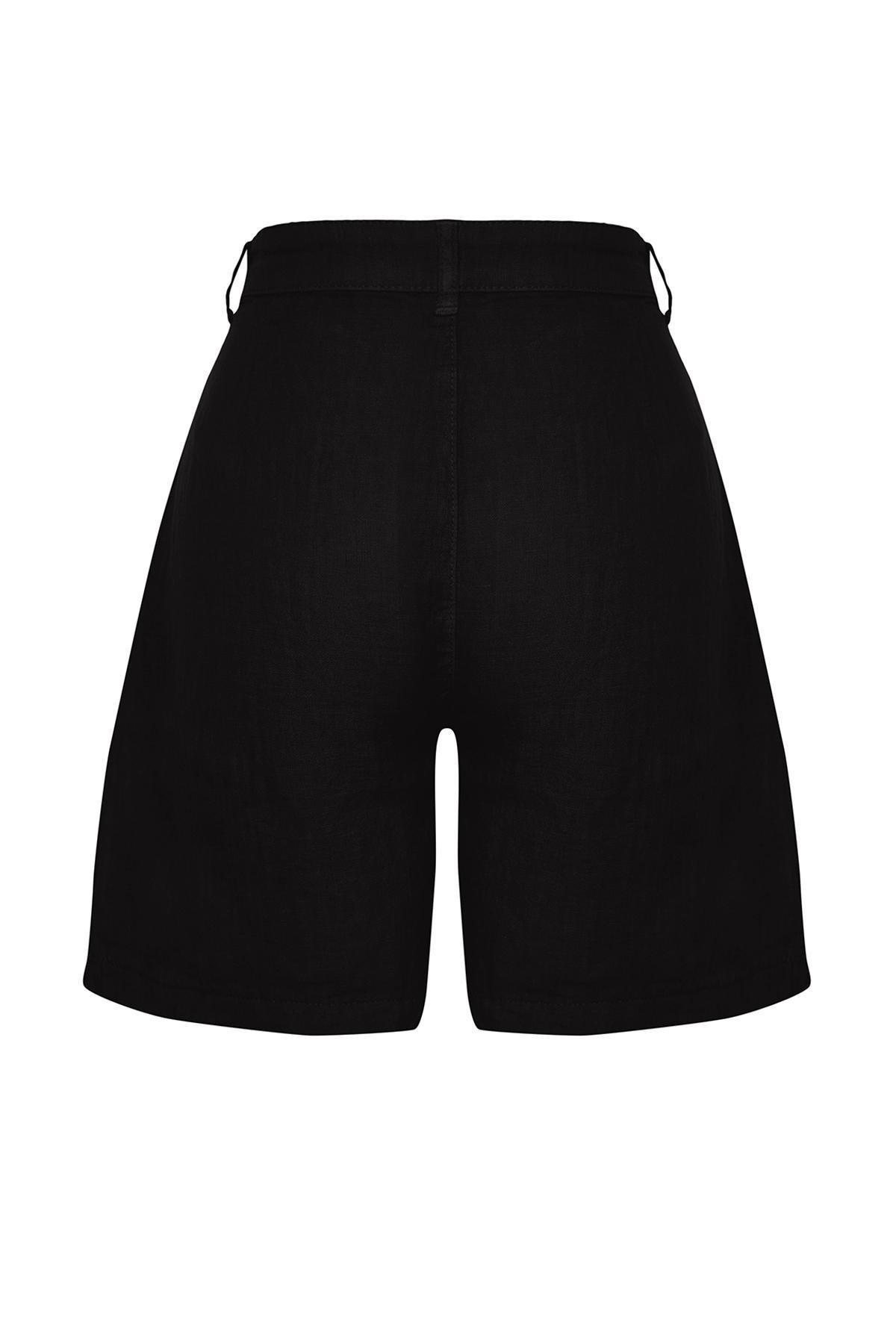 Black Linen Pleated High Waist Shorts, , large image number 6