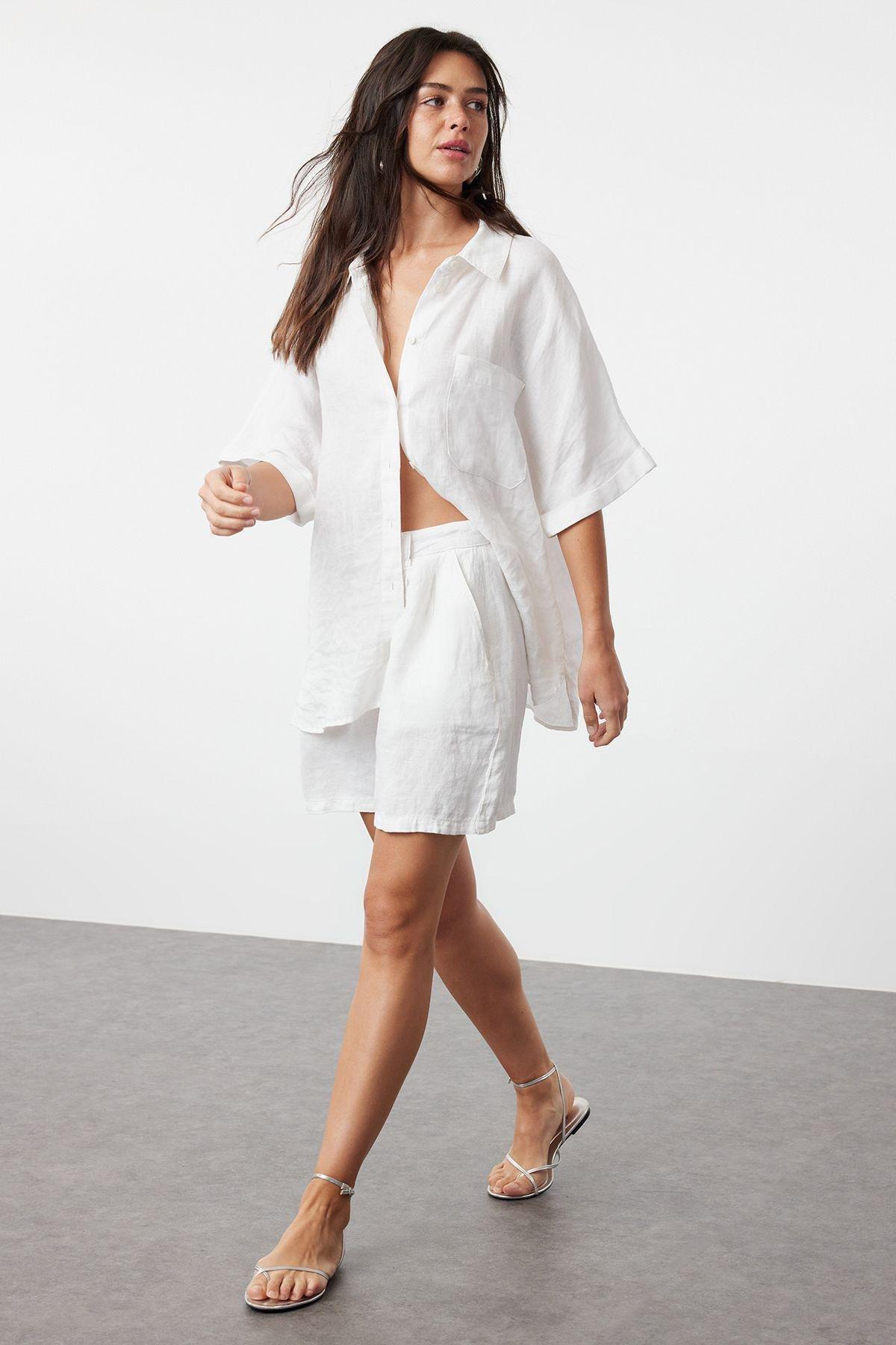 White Linen Pleated Shorts, , large image number 1