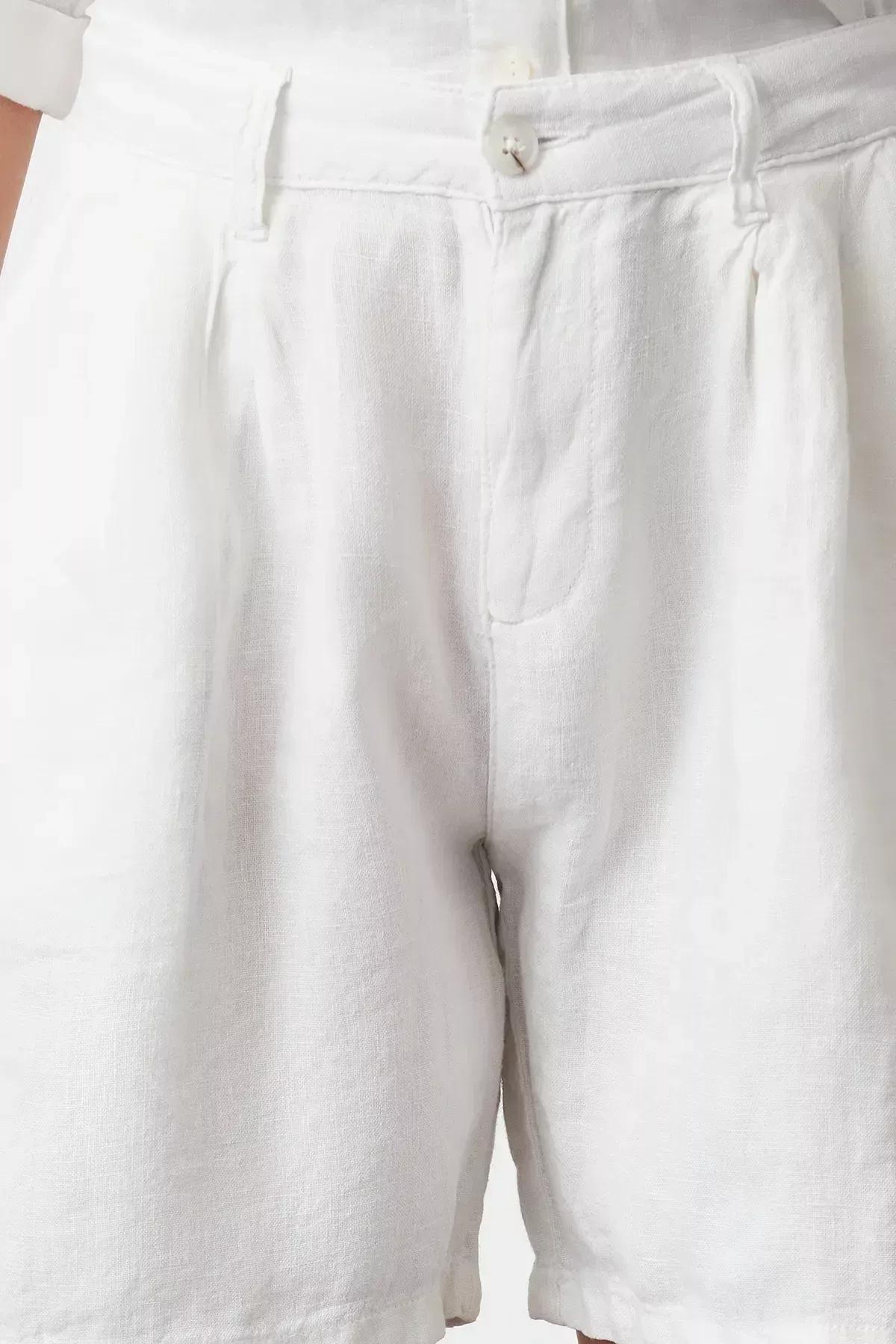 White Linen Pleated Shorts, White, large image number 5