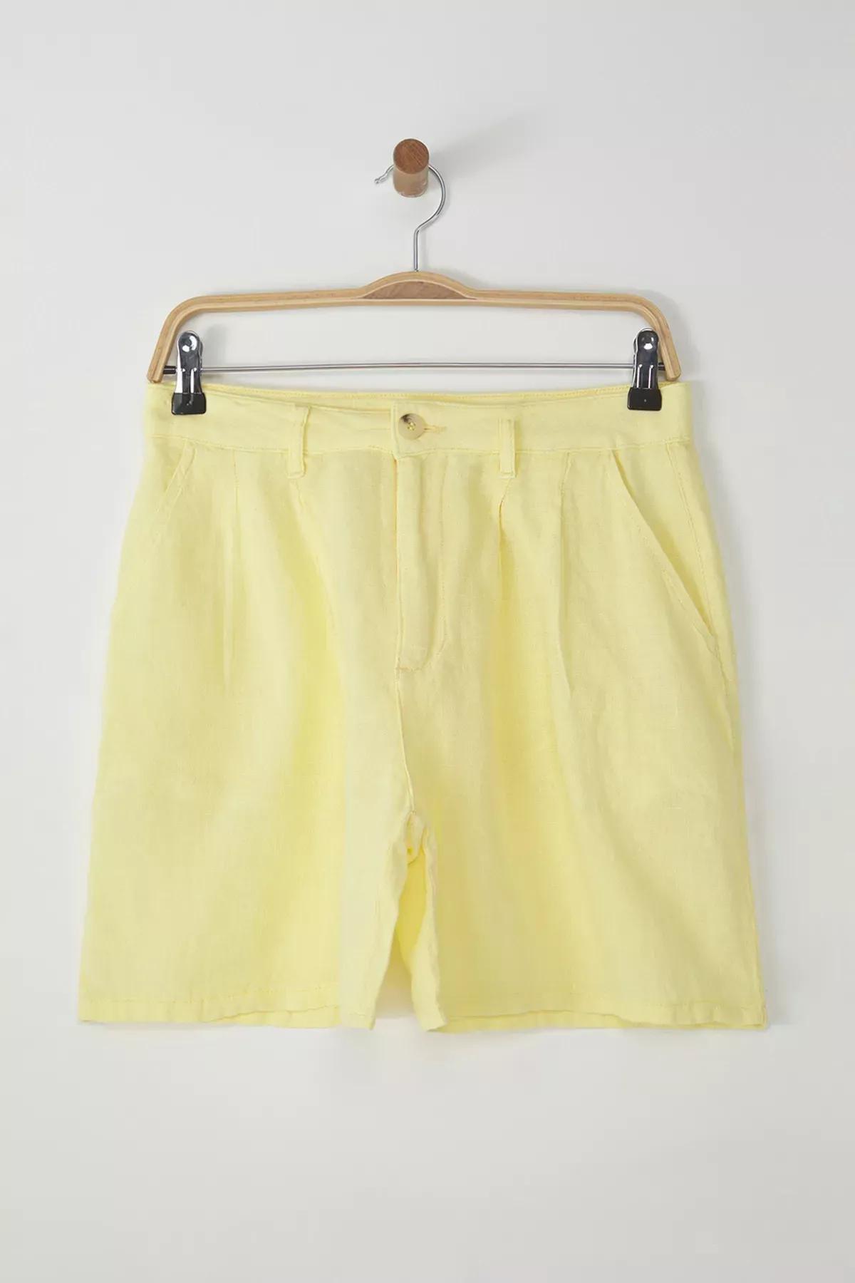 Yellow Linen Pleated High-Waist Shorts, , large image number 0