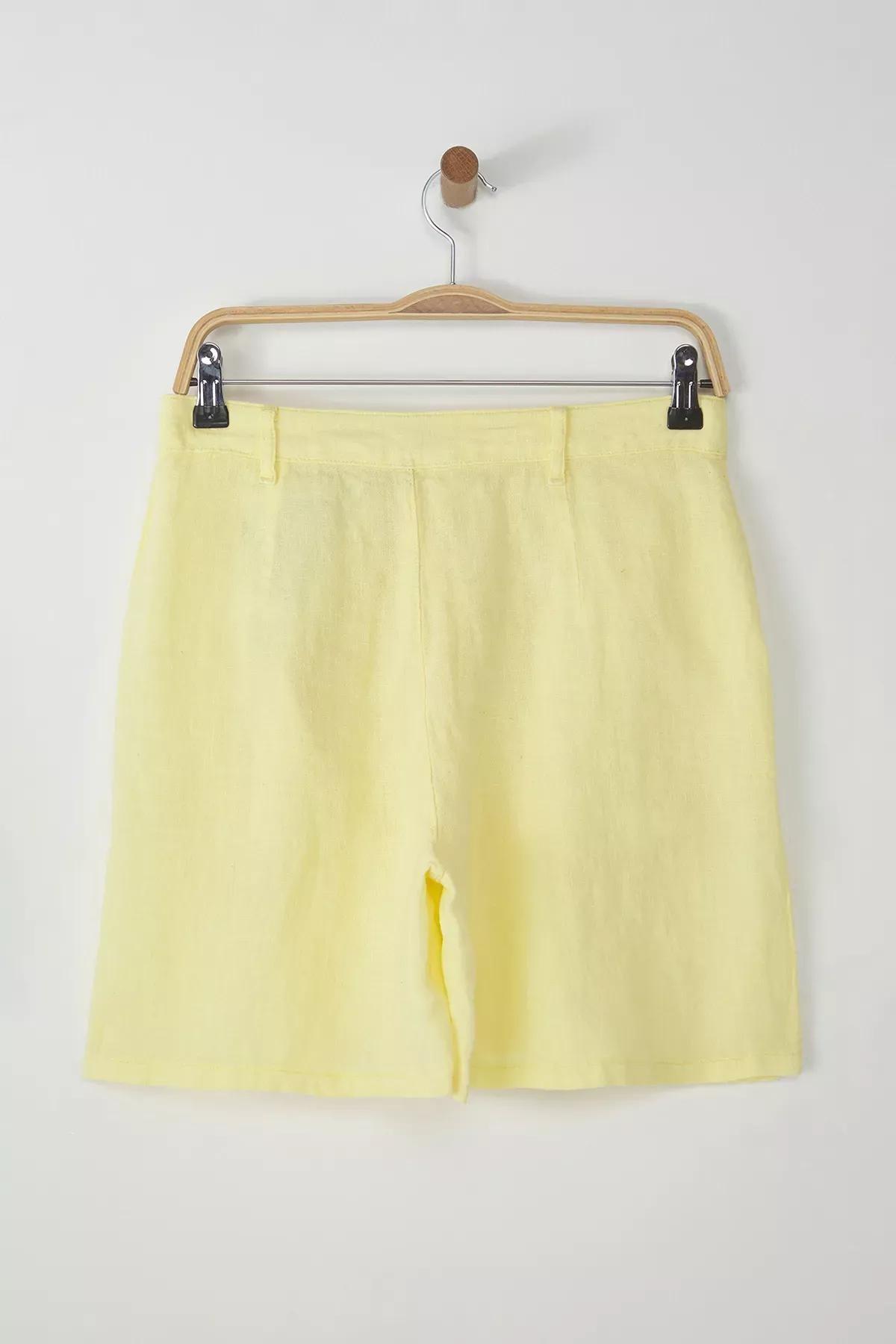 Yellow Linen Pleated High-Waist Shorts, , large image number 1