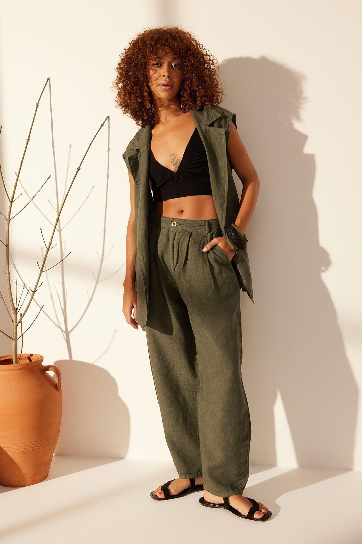 Khaki Linen High Waist Barrel Trousers, , large image number 0