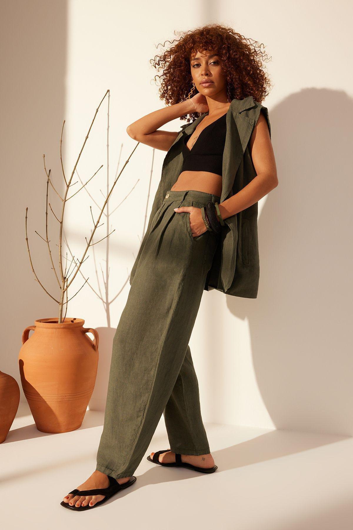 Khaki Linen High Waist Barrel Trousers, , large image number 1