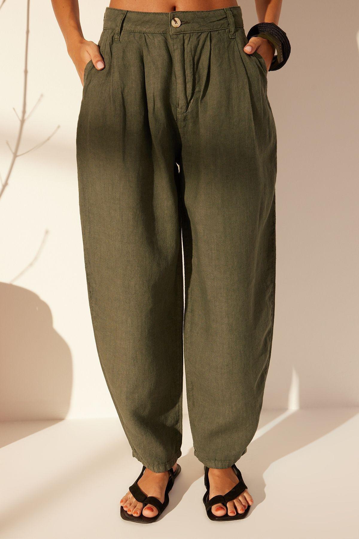 Khaki Linen High Waist Barrel Trousers, , large image number 3