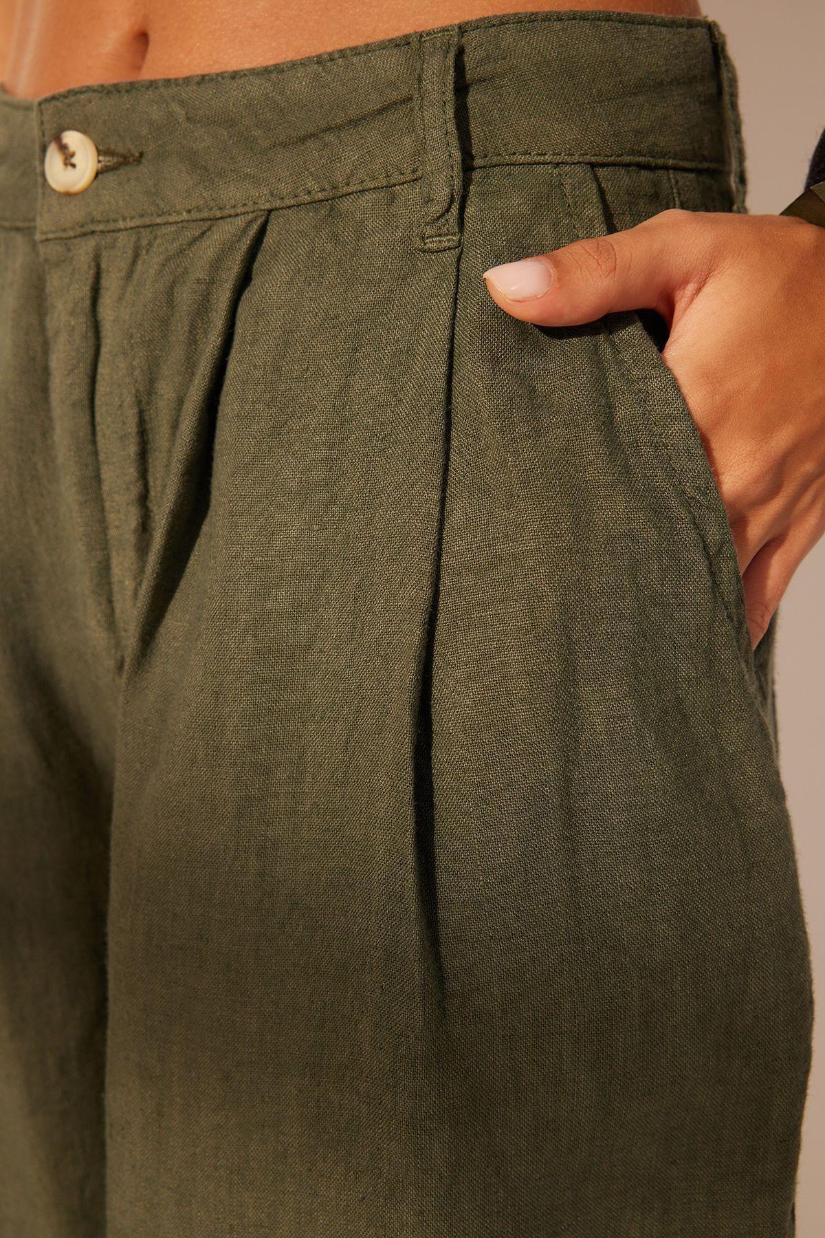 Khaki Linen High Waist Barrel Trousers, , large image number 4