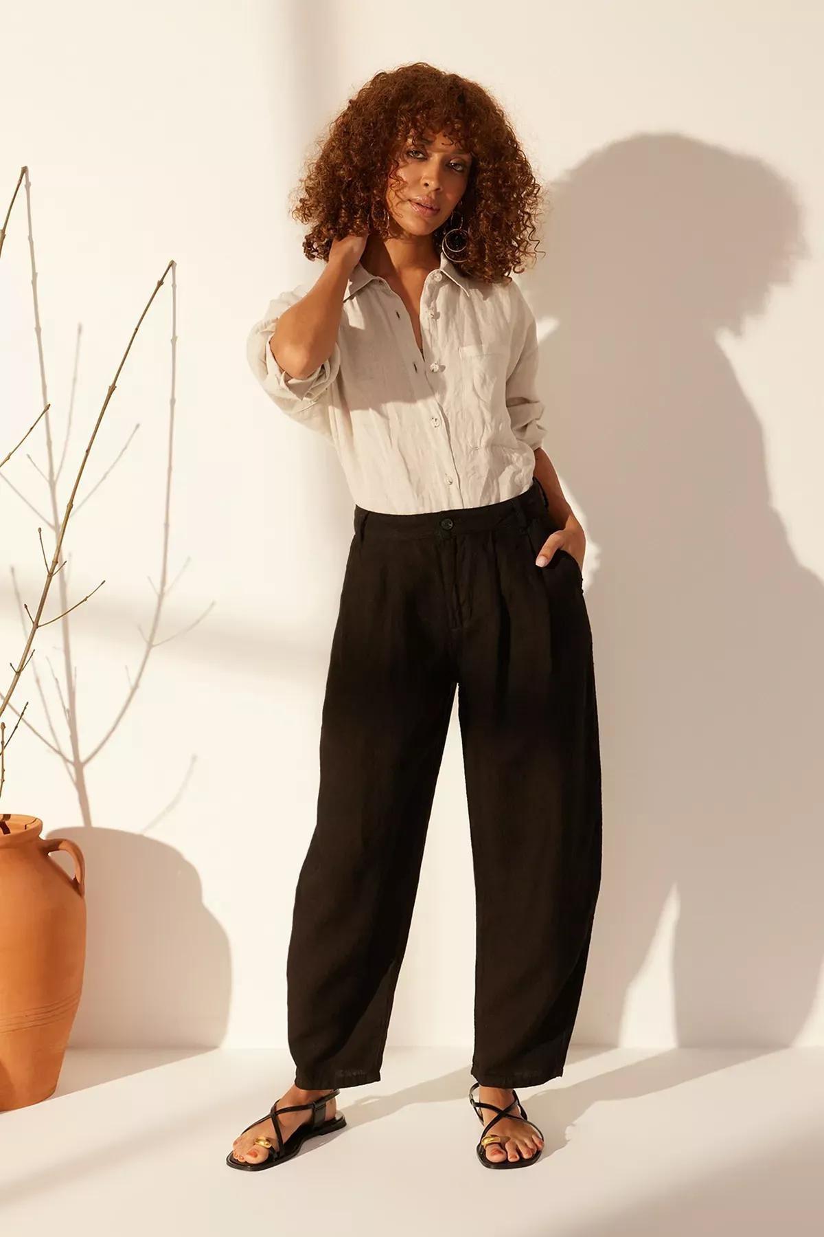 Black Linen High Waist Barrel Trousers, C101_5720, large image number 0