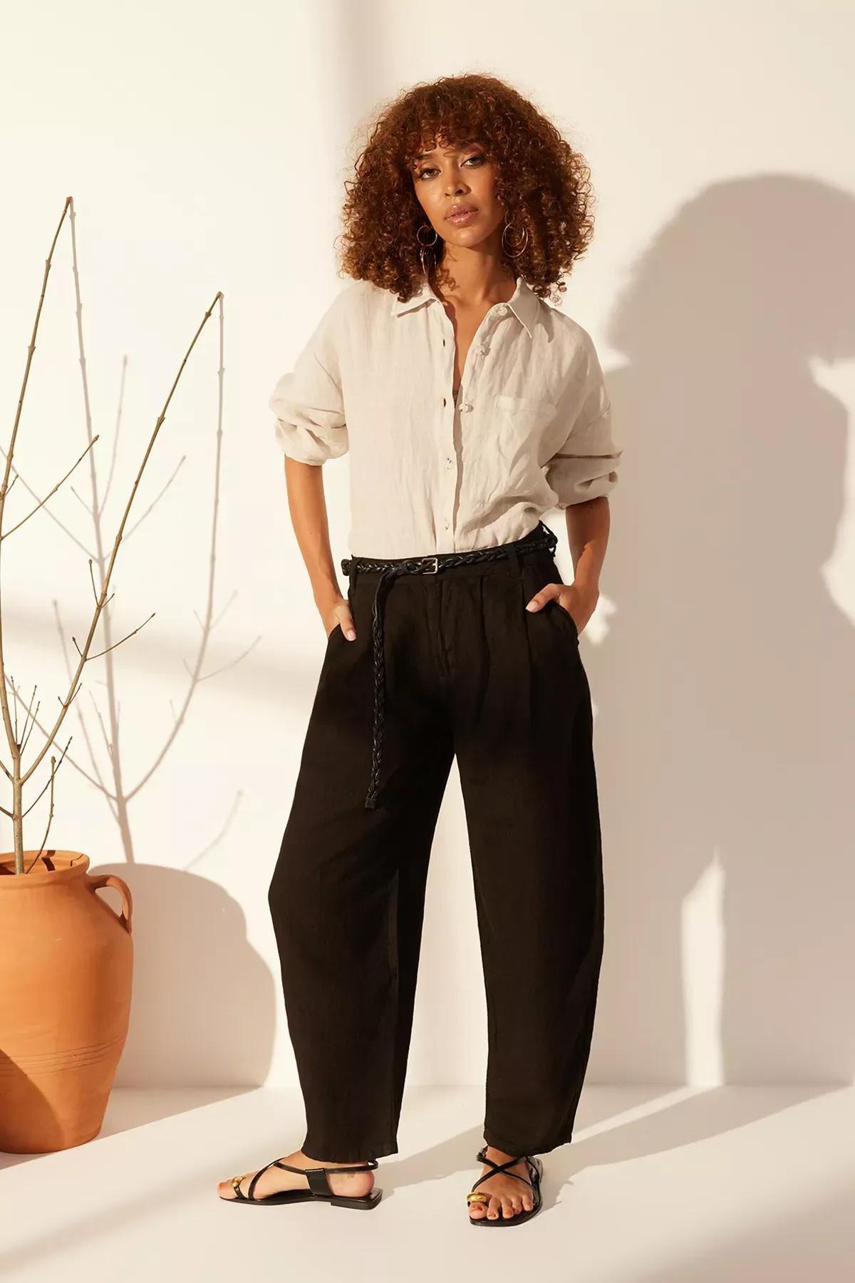 Black Linen High Waist Barrel Trousers, C101_5720, large image number 1