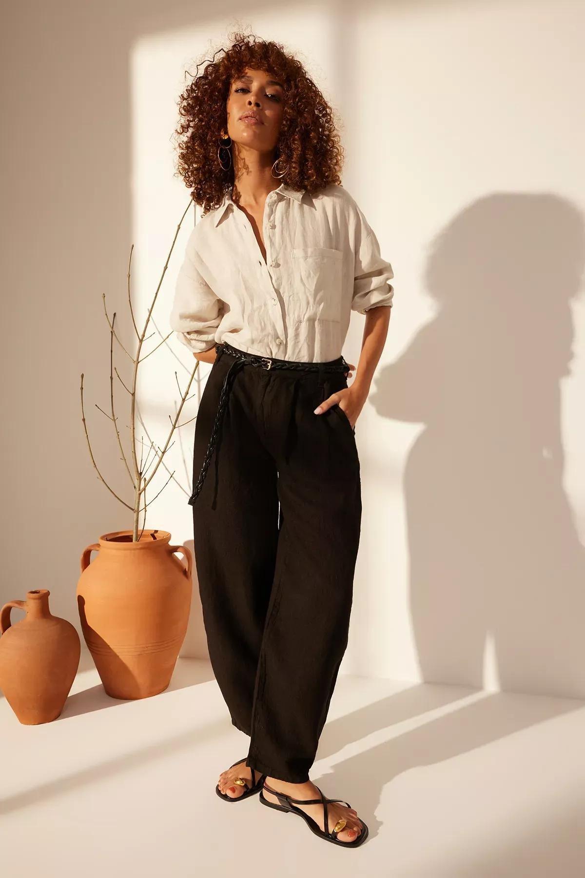 Black Linen High Waist Barrel Trousers, C101_5720, large image number 2