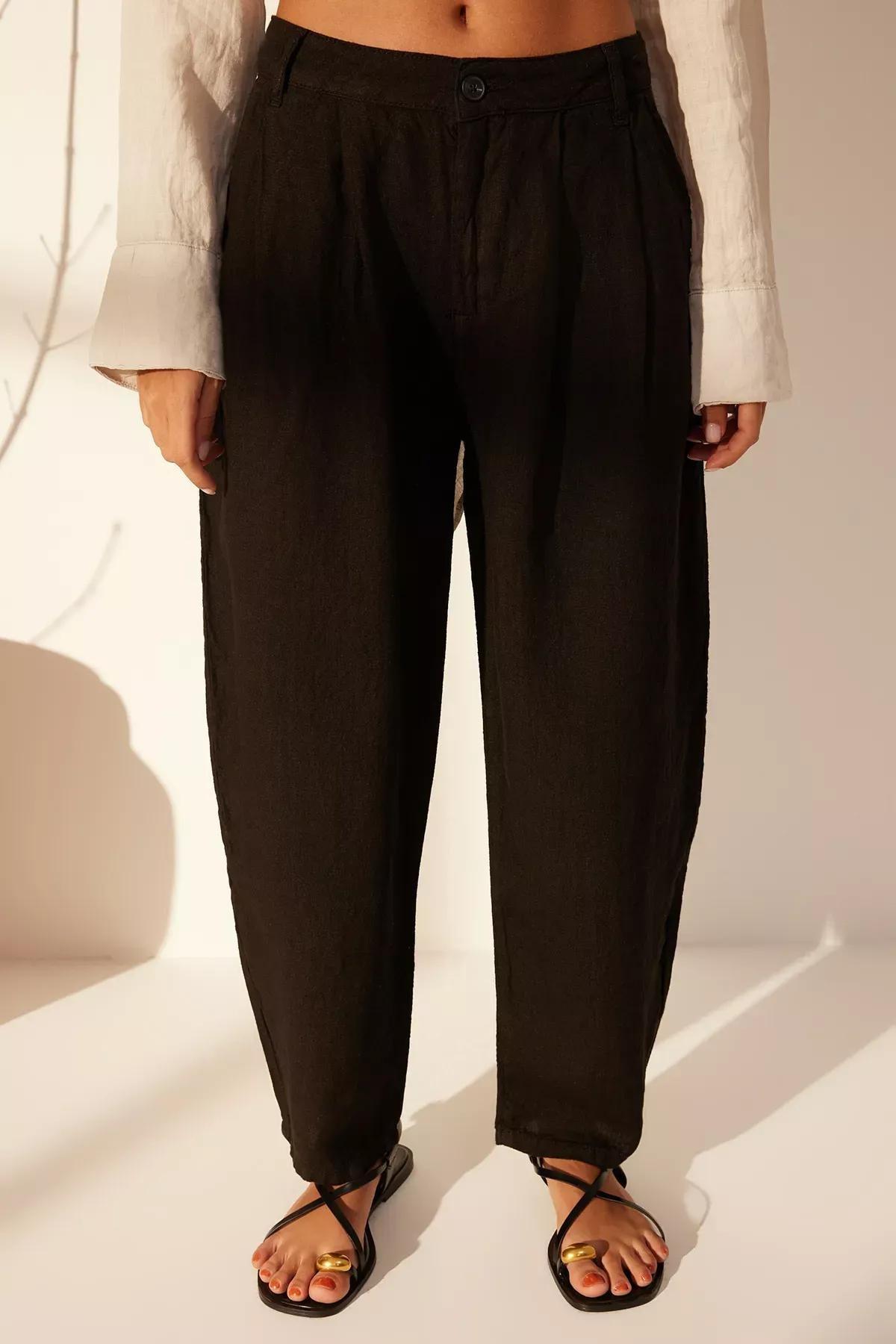 Black Linen High Waist Barrel Trousers, C101_5720, large image number 3