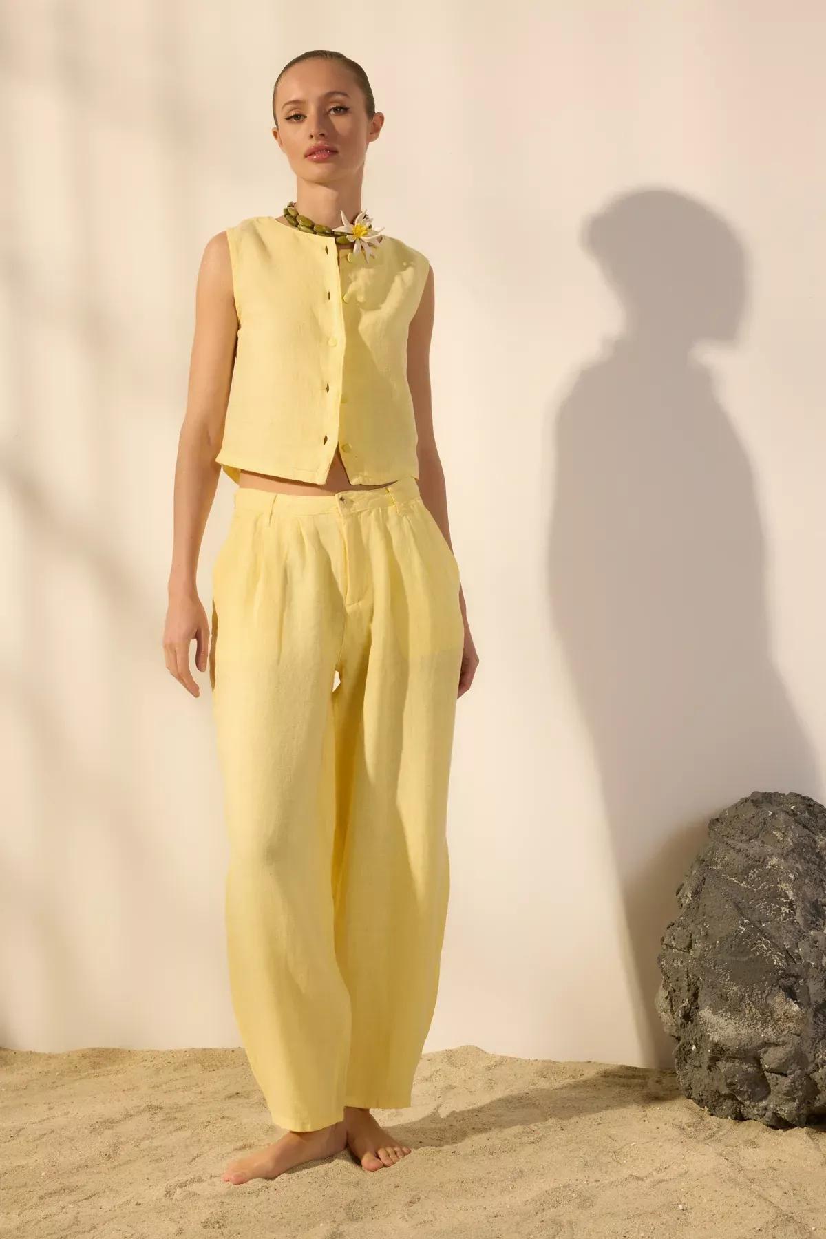 Yellow Linen Barrel Trousers, Yellow, large image number 1