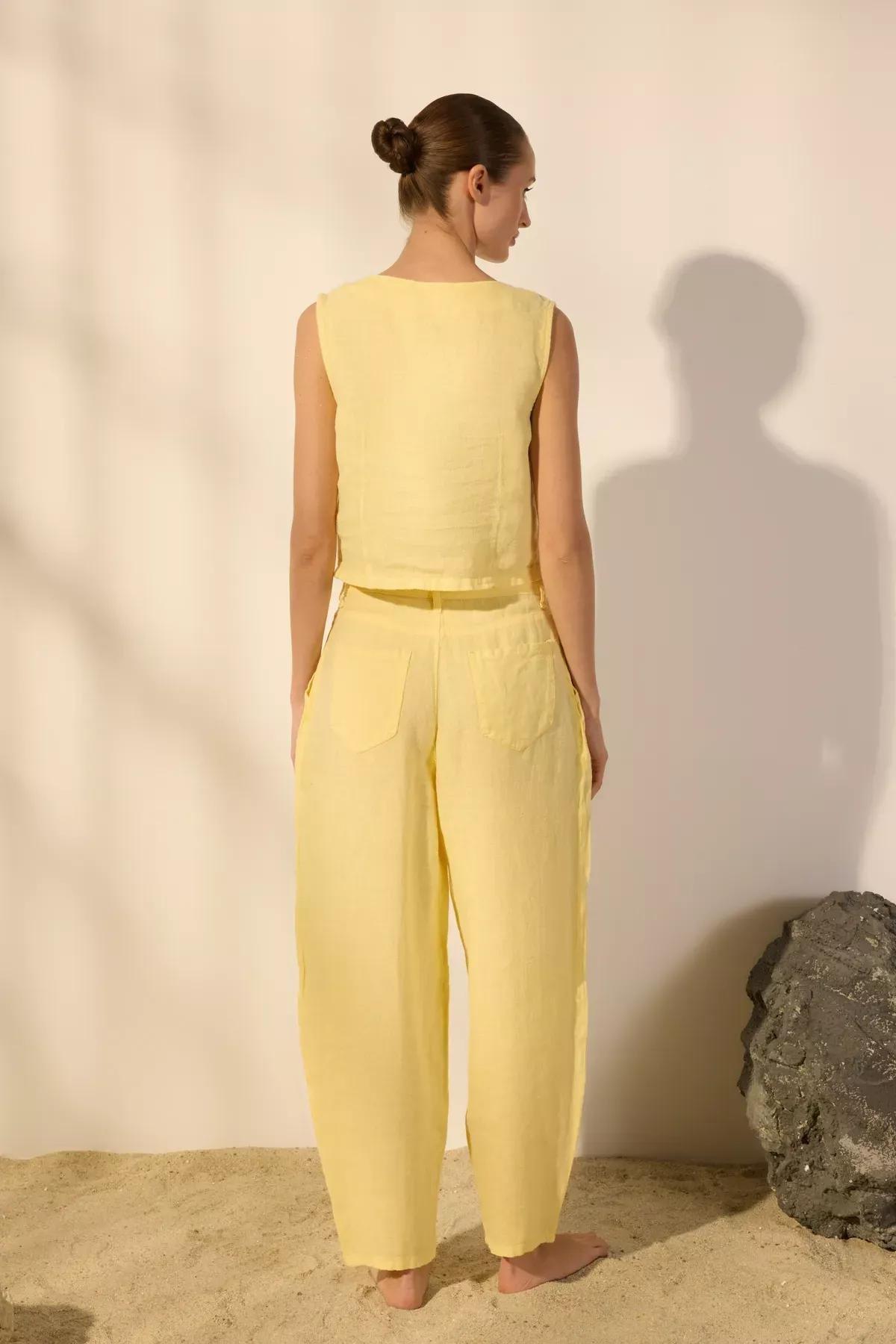 Yellow Linen Barrel Trousers, Yellow, large image number 4