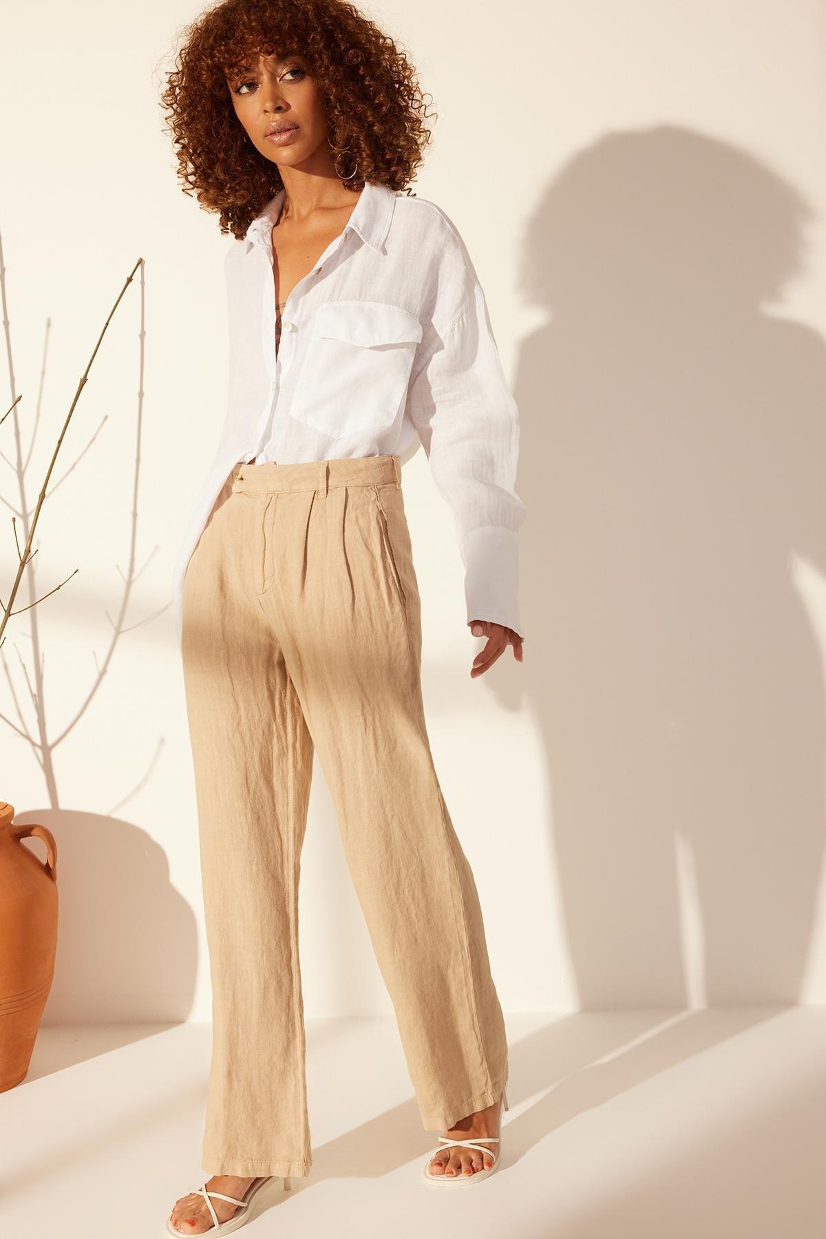 Beige Linen Pleated High Waist Trousers, , large image number 0