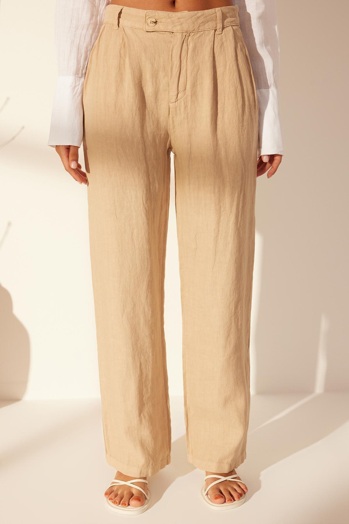 Beige Linen Pleated High Waist Trousers, , large image number 3