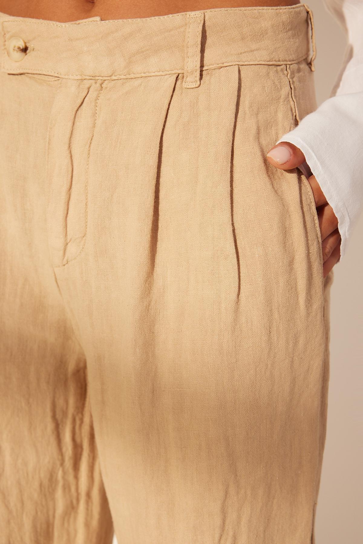 Beige Linen Pleated High Waist Trousers, , large image number 4