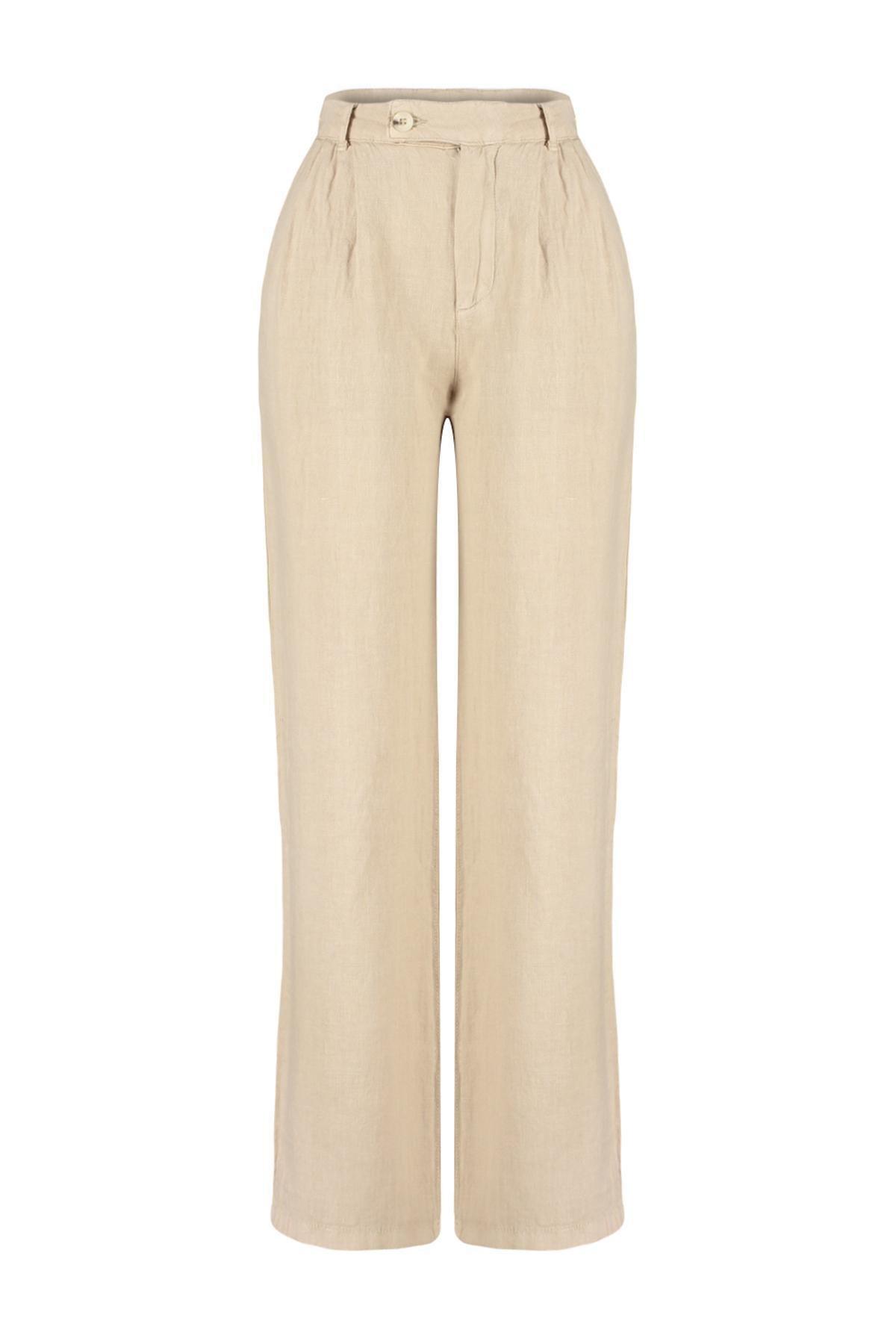 Beige Linen Pleated High Waist Trousers, , large image number 5