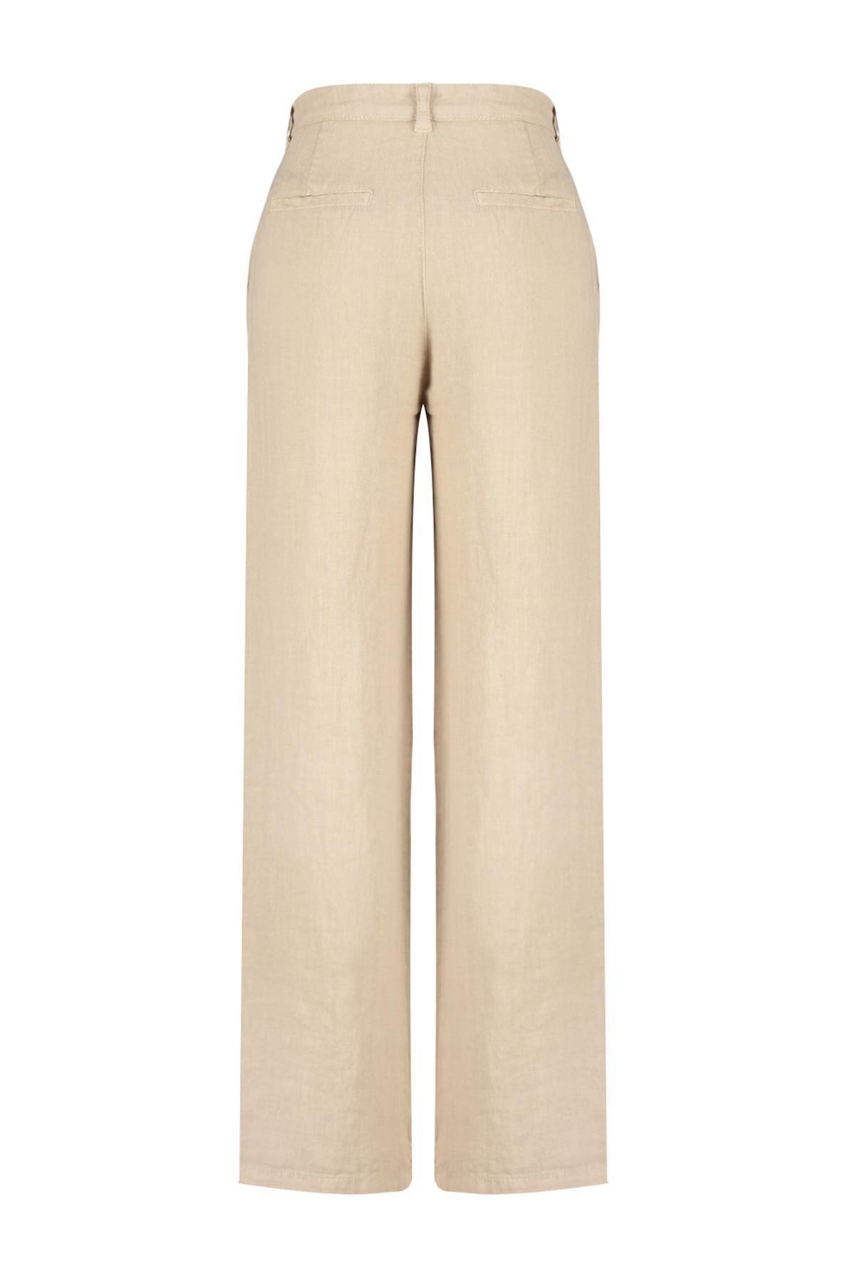 Beige Linen Pleated High Waist Trousers, , large image number 6