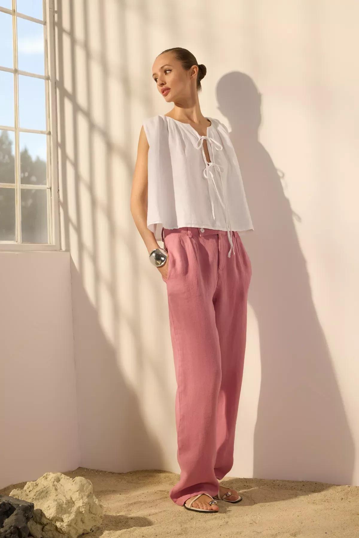 Pink Linen Wide Trousers, , large image number 1