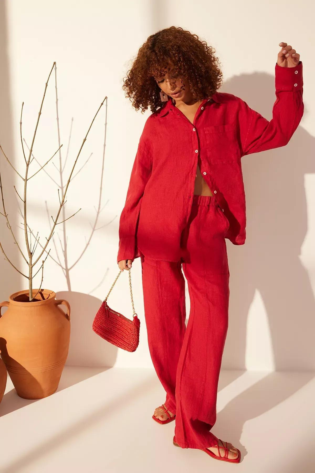 Red Linen High Waist Wide Leg Trousers, C101_5690, large image number 0