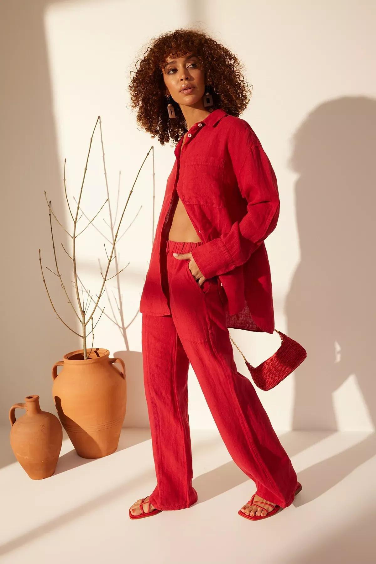 Red Linen High Waist Wide Leg Trousers, C101_5690, large image number 1