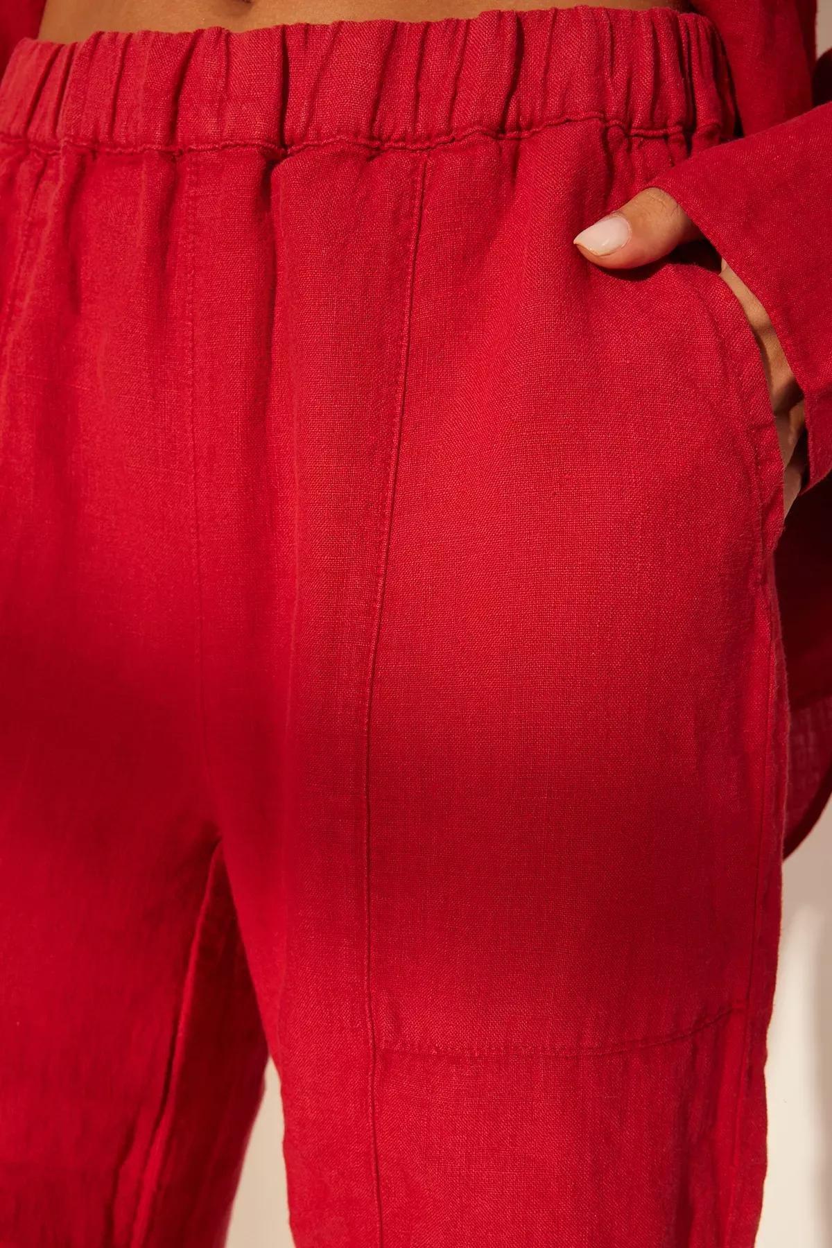 Red Linen High Waist Wide Leg Trousers, C101_5690, large image number 5