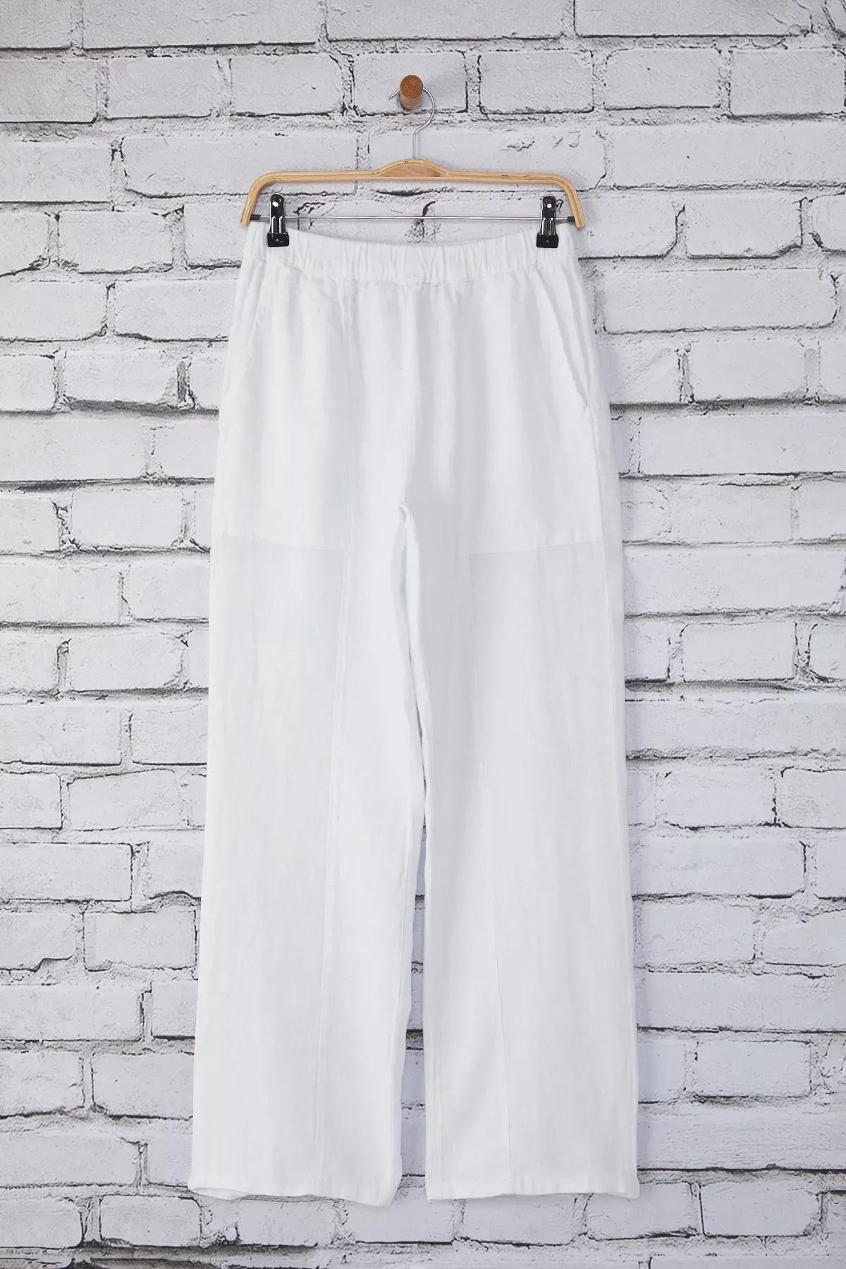 White Linen Wide Leg Trousers, White, large image number 0