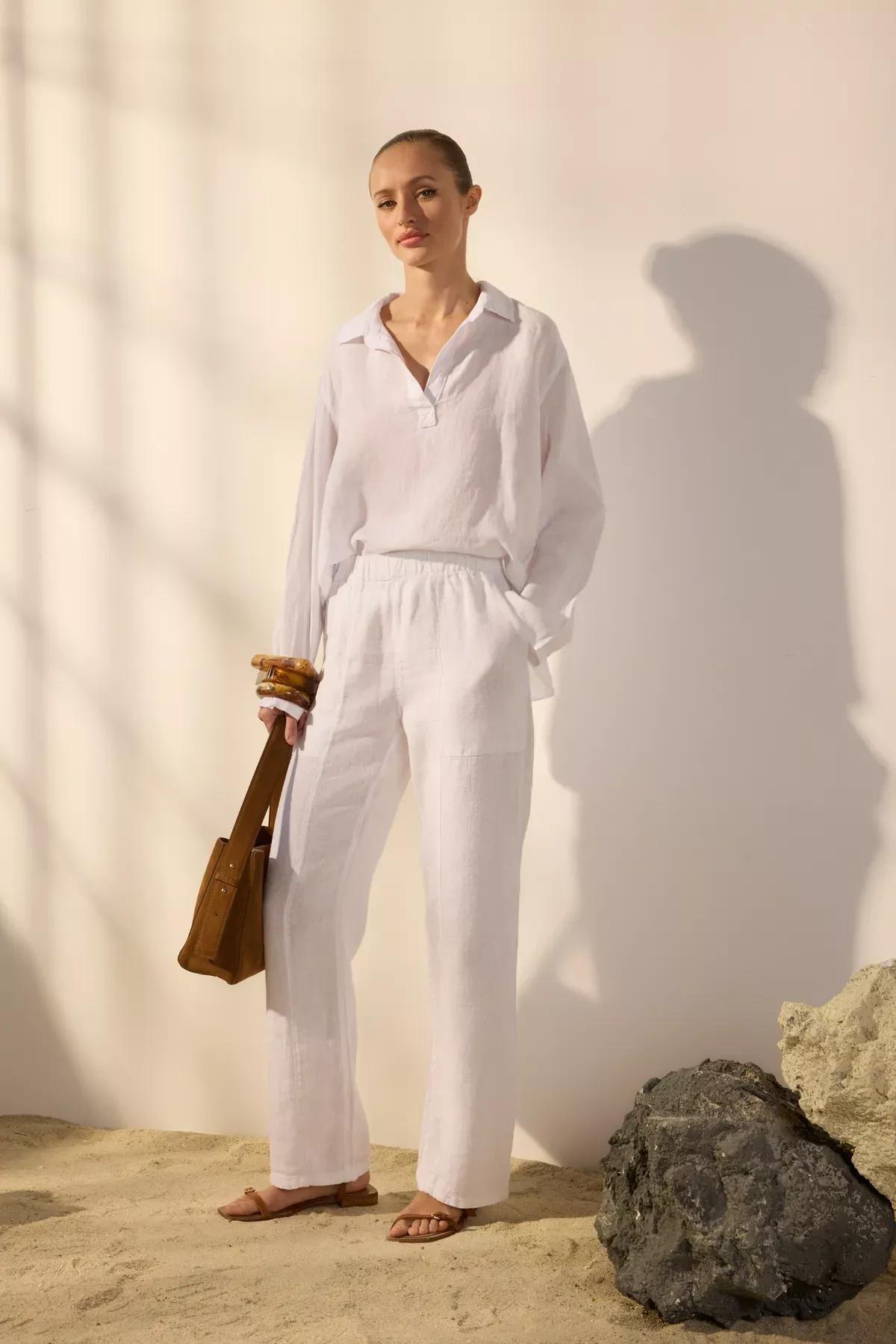 White Linen Wide Leg Trousers, White, large image number 1