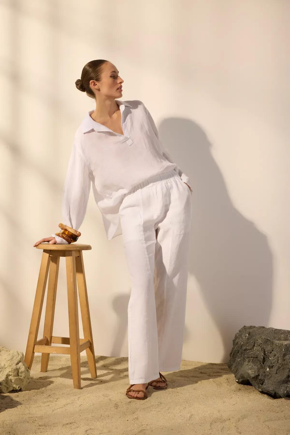 White Linen Wide Leg Trousers, White, large image number 2