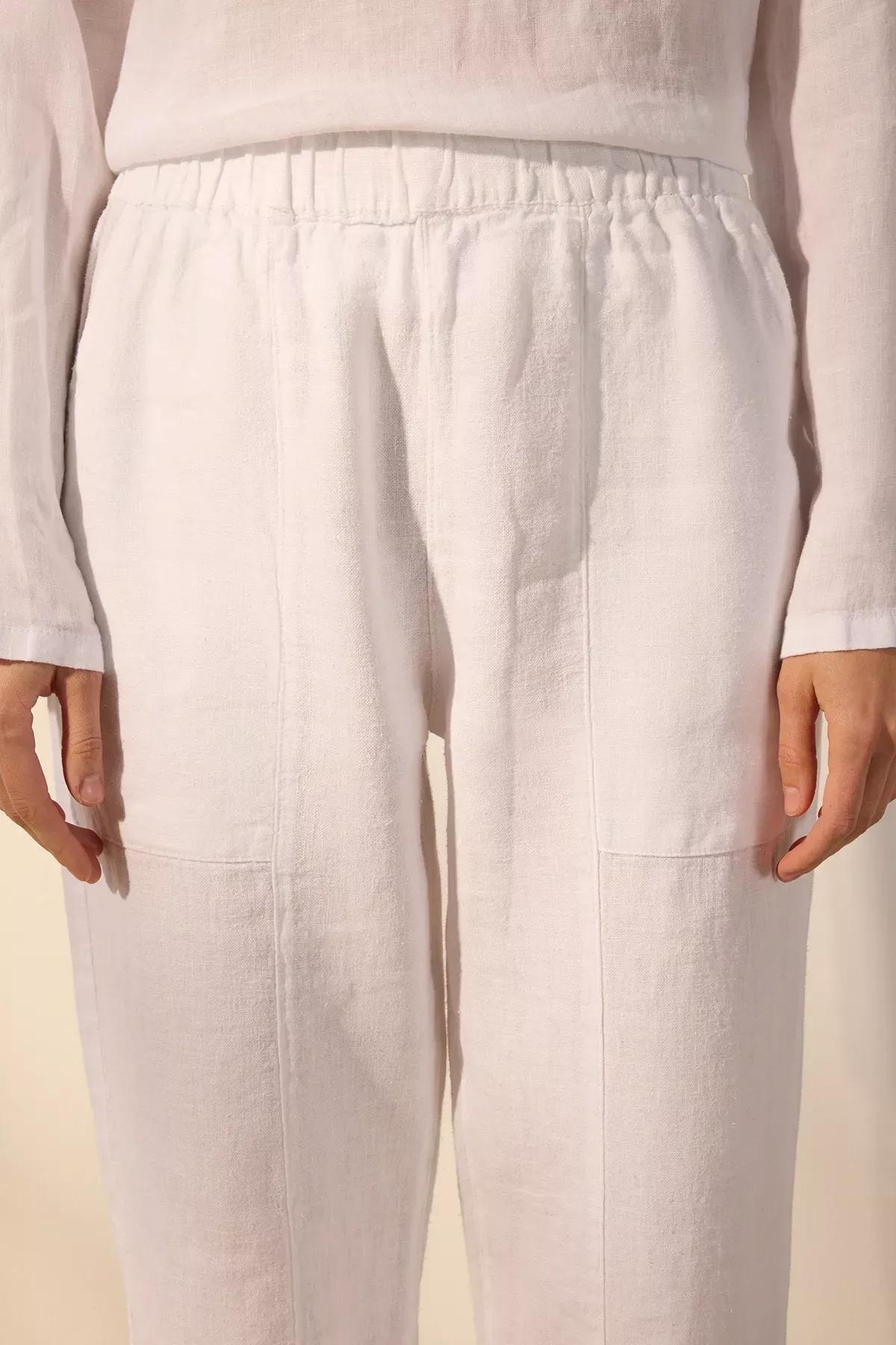 White Linen Wide Leg Trousers, White, large image number 3