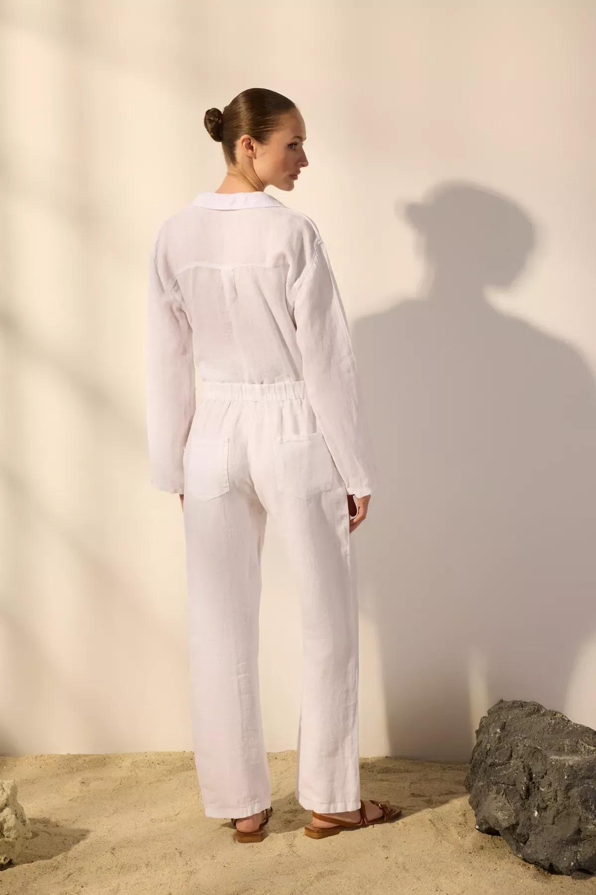 White Linen Wide Leg Trousers, White, large image number 4