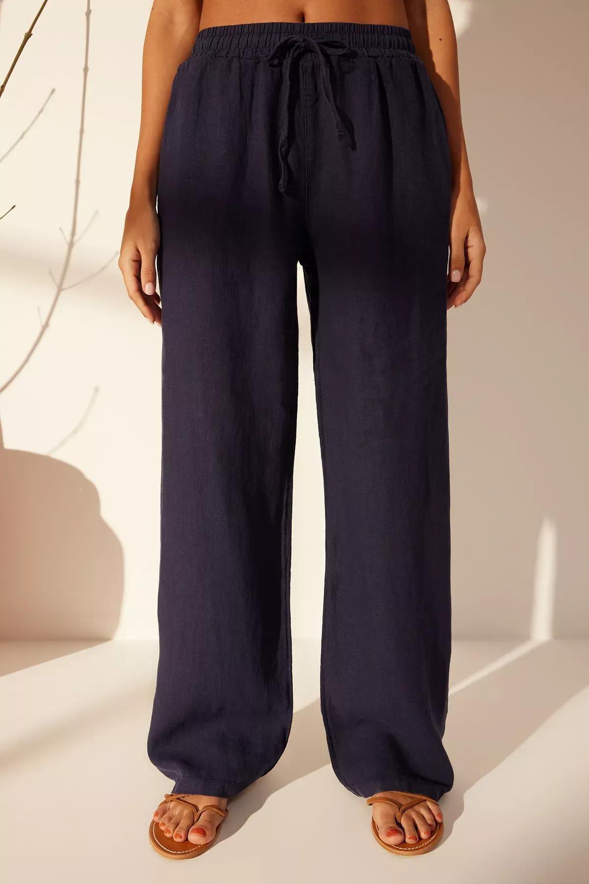 Navy Elastic Waist Wide Trousers, , large image number 4