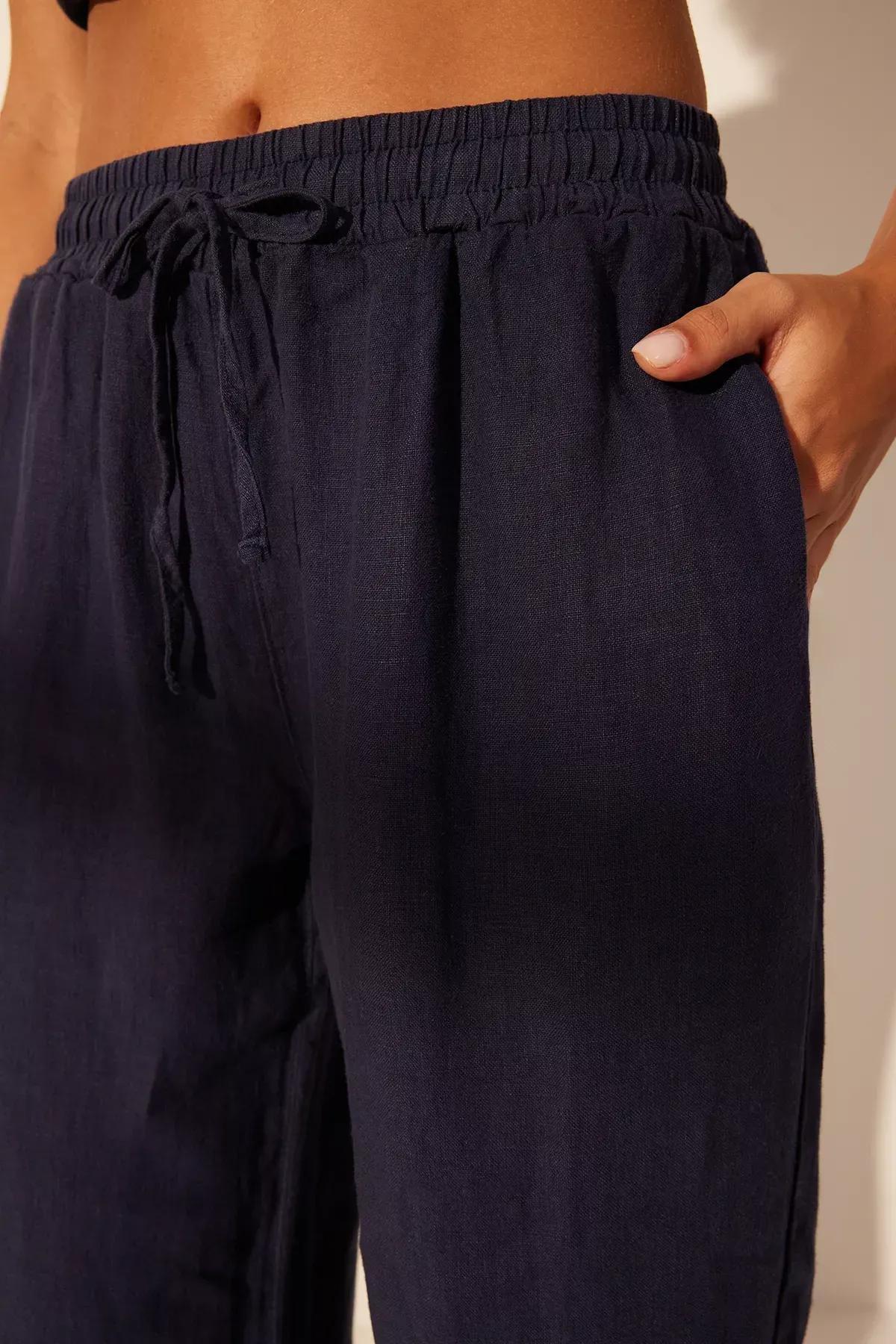 Navy Elastic Waist Wide Trousers, , large image number 5