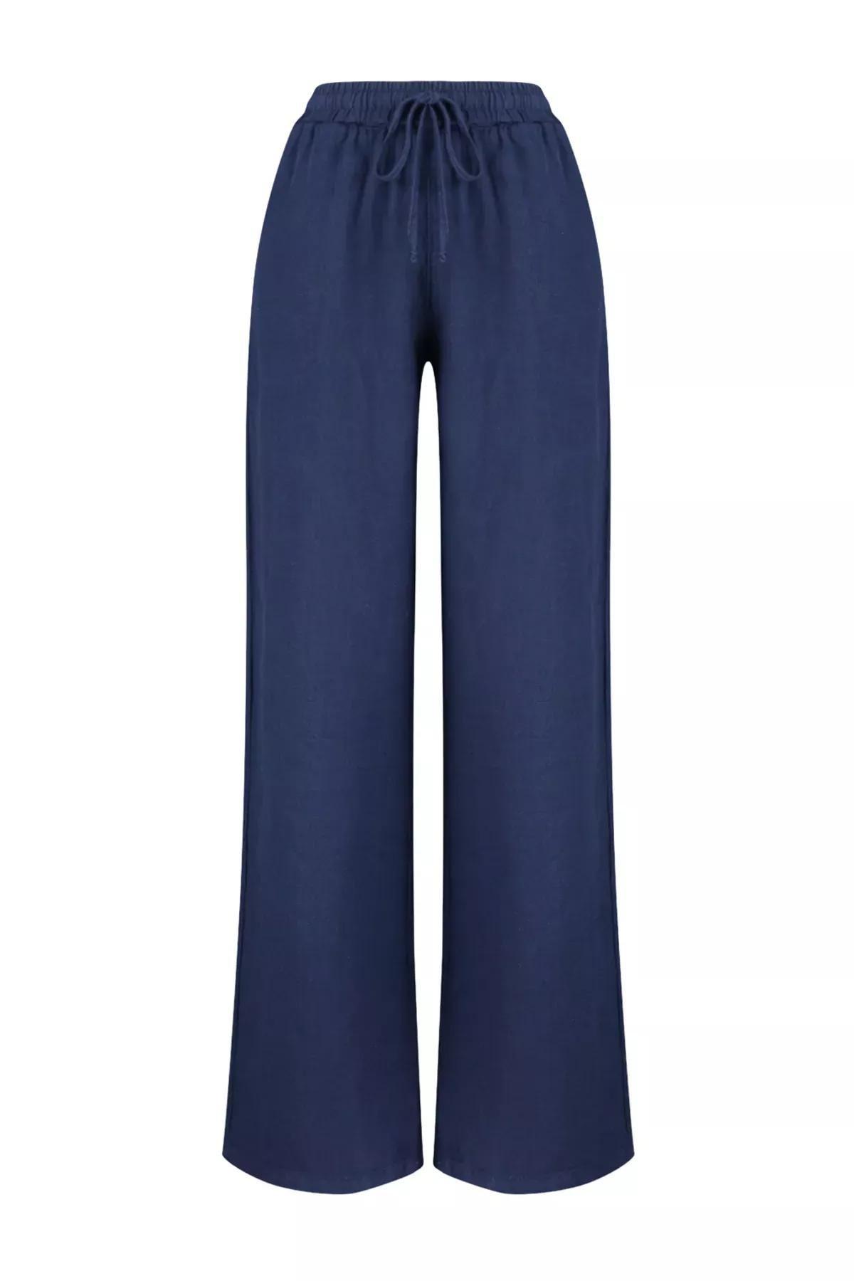 Navy Elastic Waist Wide Trousers, , large image number 6