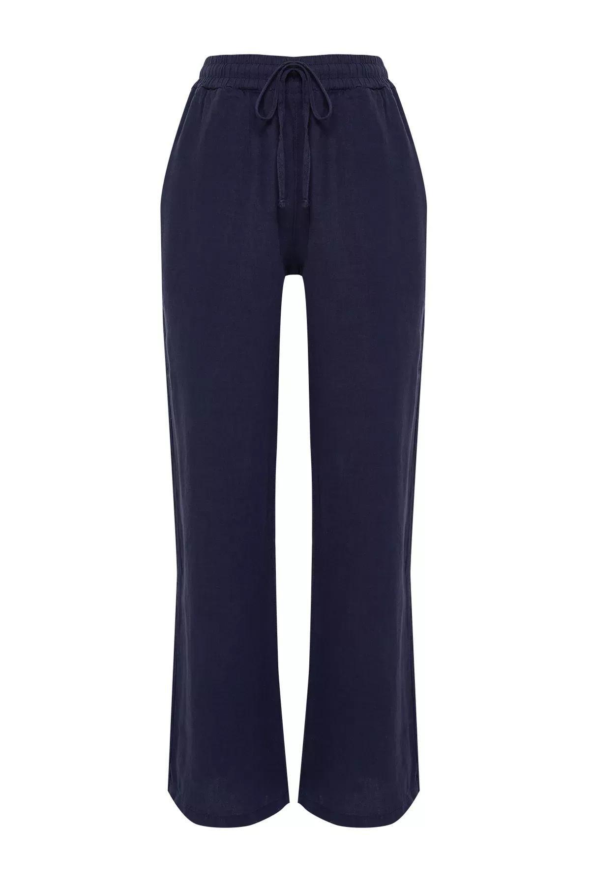 Navy Elastic Waist Wide Trousers, , large image number 8