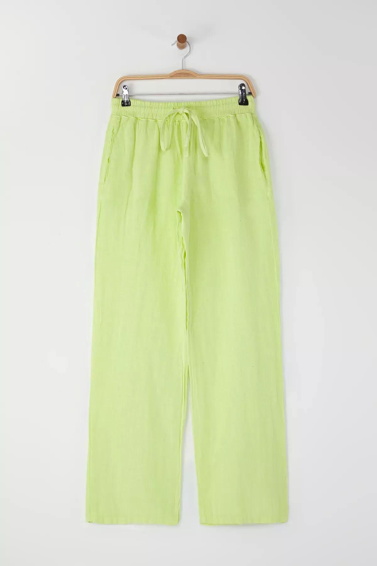 Green Linen Wide Leg Trousers, , large image number 0