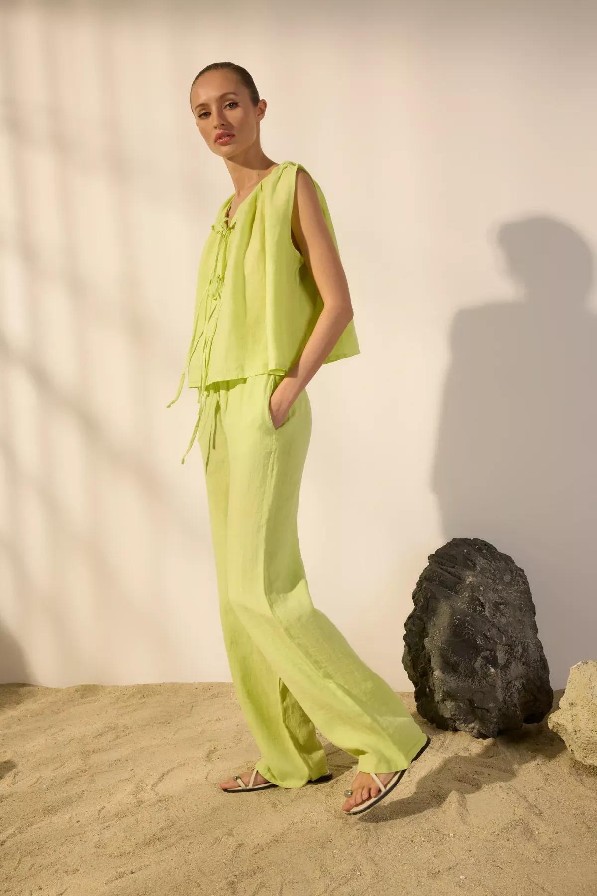 Green Linen Wide Leg Trousers, , large image number 1