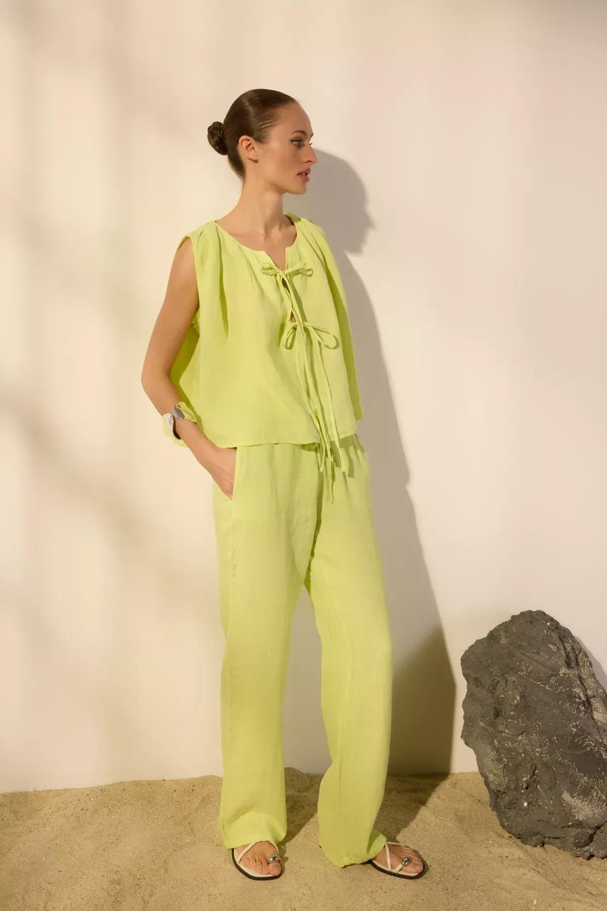 Green Linen Wide Leg Trousers, , large image number 3