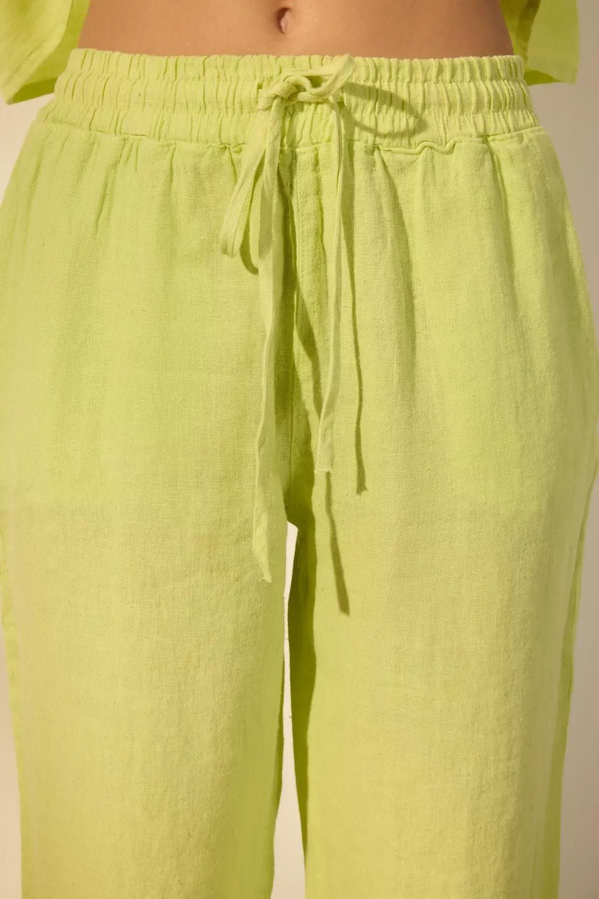 Green Linen Wide Leg Trousers, , large image number 4