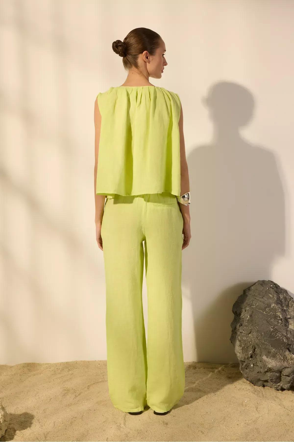 Green Linen Wide Leg Trousers, , large image number 5